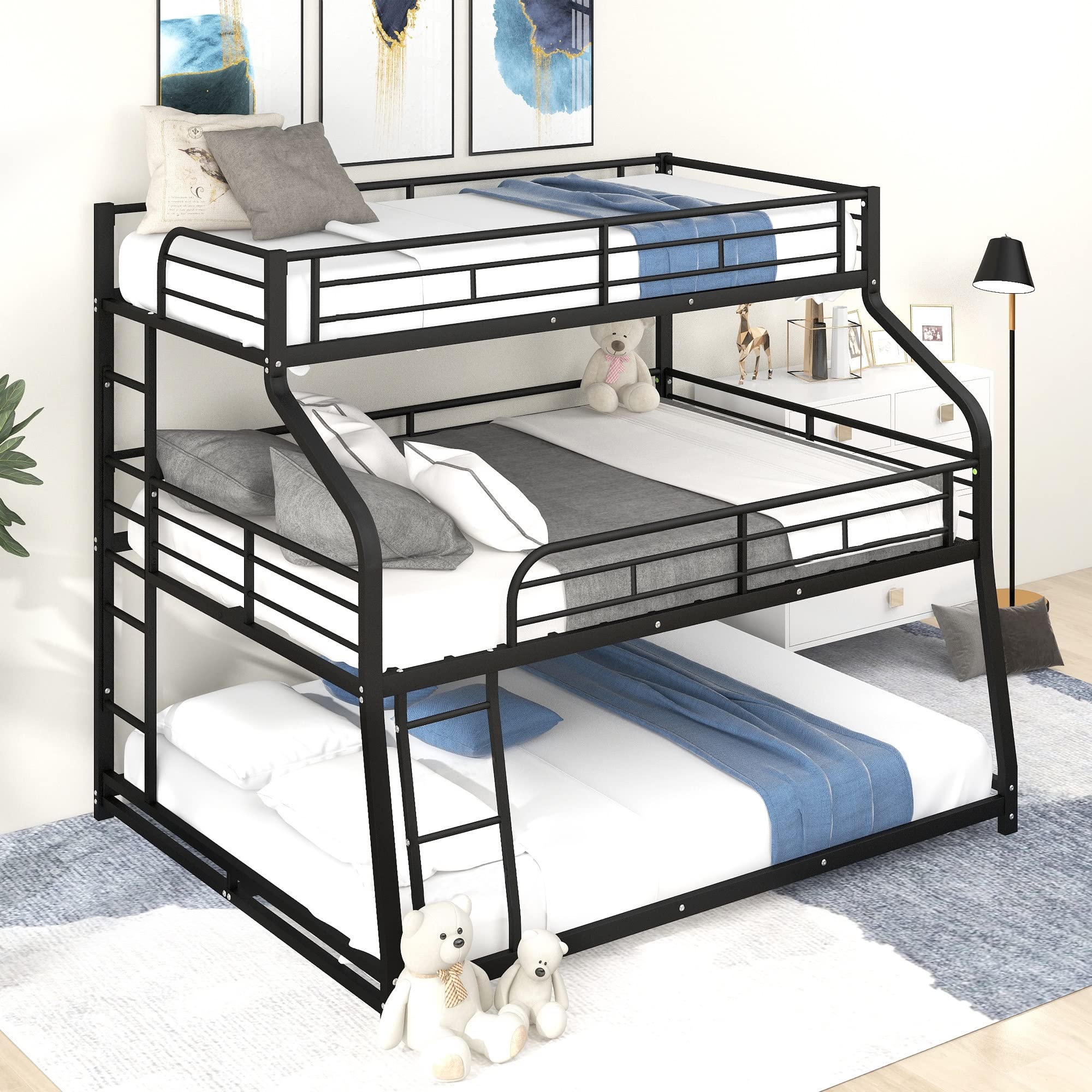 Triple Bunk Bed with Long & Short Ladder - Twin XL/Full XL/Queen Size, Full-Length Guardrails, Easy Assembly, Black | Perfect for Kids' Bedrooms, Dormitories & Space-Saving Home Solutions