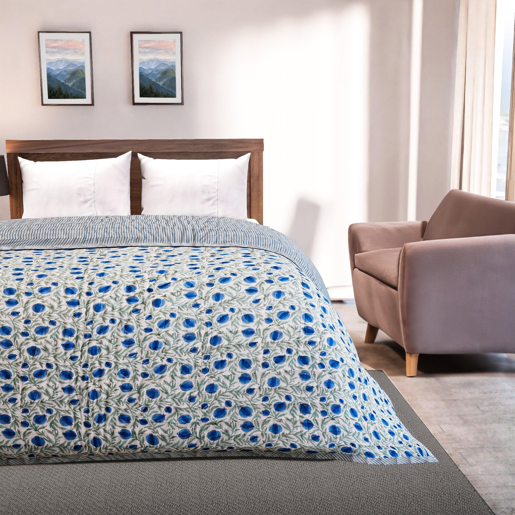 Ridhi Block Print Reversible Queen Size Throw Blanket - 100% Cotton Blue & Sage Quilted Cover for Bed & Couch - Luxury Oversized 90