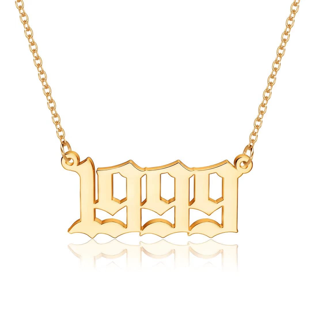 18K Gold Plated Old English Birth Year Necklace for Women - Personalized Jewelry Gift for Birthday & Anniversary (1970-2021) | Elegant Pendant for Everyday Wear, Special Occasions & Meaningful Gifting