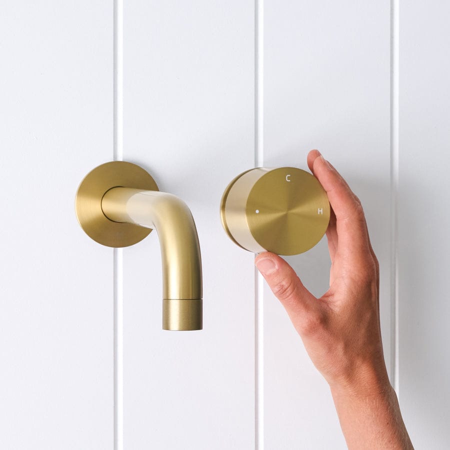 Sydney Wall Spout with Progressive Mixer in Brushed Brass - Modern Bathroom Faucet for Sink, Vanity, and Luxury Home Decor