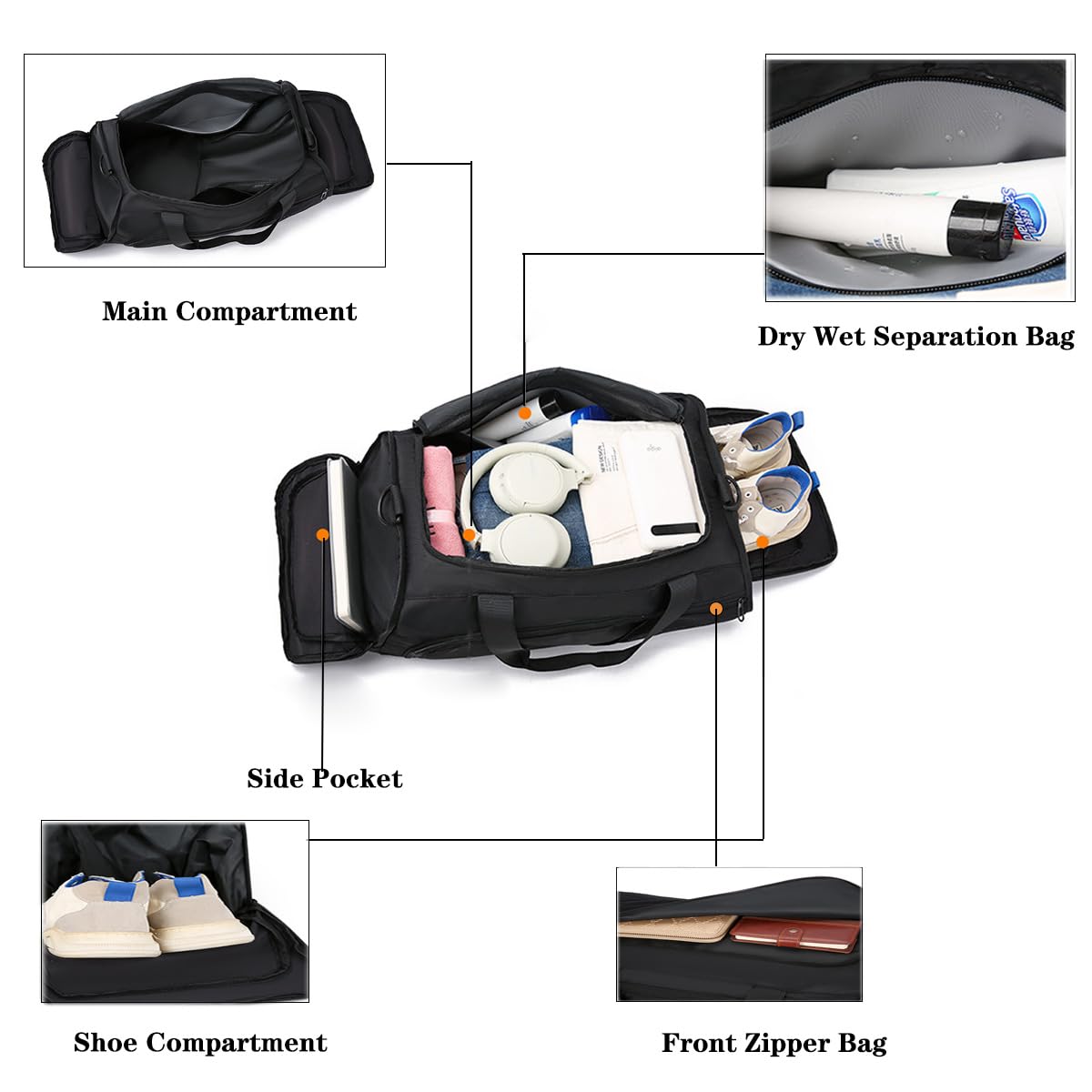 **Men's & Women's 30L Waterproof Gym Duffle Bag with Shoe Compartment & Wet Pocket - Travel, Sports, Overnight Weekender Backpack (Black) - Perfect for Workouts, Gym, Travel & Weekend Getaways**