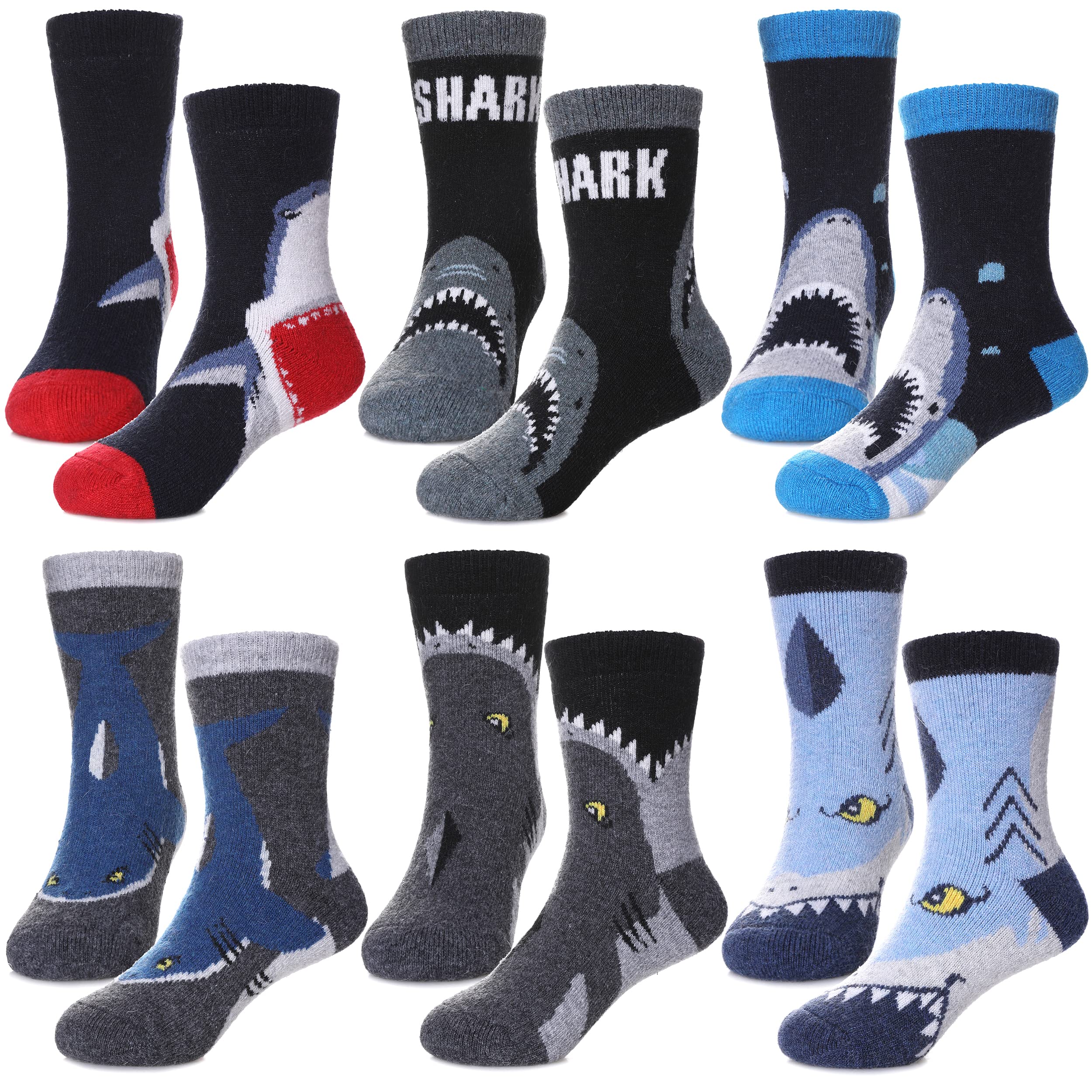 FNOVCO Kids' Winter Warm Wool Socks for Boys & Girls - 6 Pairs Cozy Animal Print Socks for Cold Weather, School & Outdoor Activities