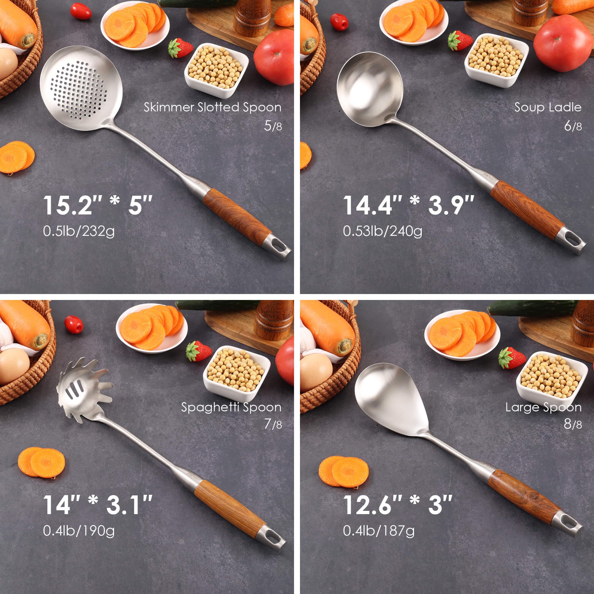 Premium 18/10 Stainless Steel Kitchen Utensil Set with Ergonomic Wood Handle - 8-Piece Cooking Spoons Set (15