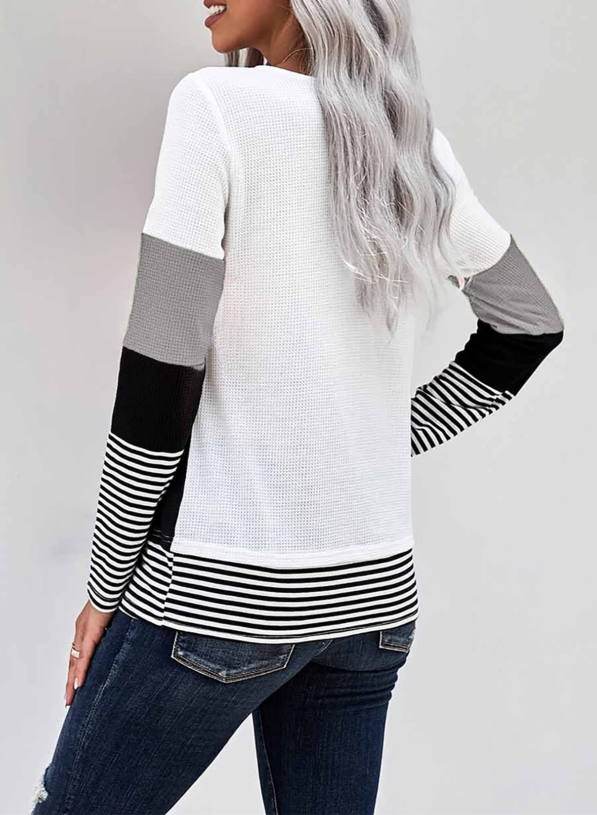 Dokotoo Women's Casual Long Sleeve Crewneck Pullover Sweater - Color Block Stripes Waffle Knit Top for Fall | Comfortable Everyday Wear, Office Outfits & Autumn Layering
