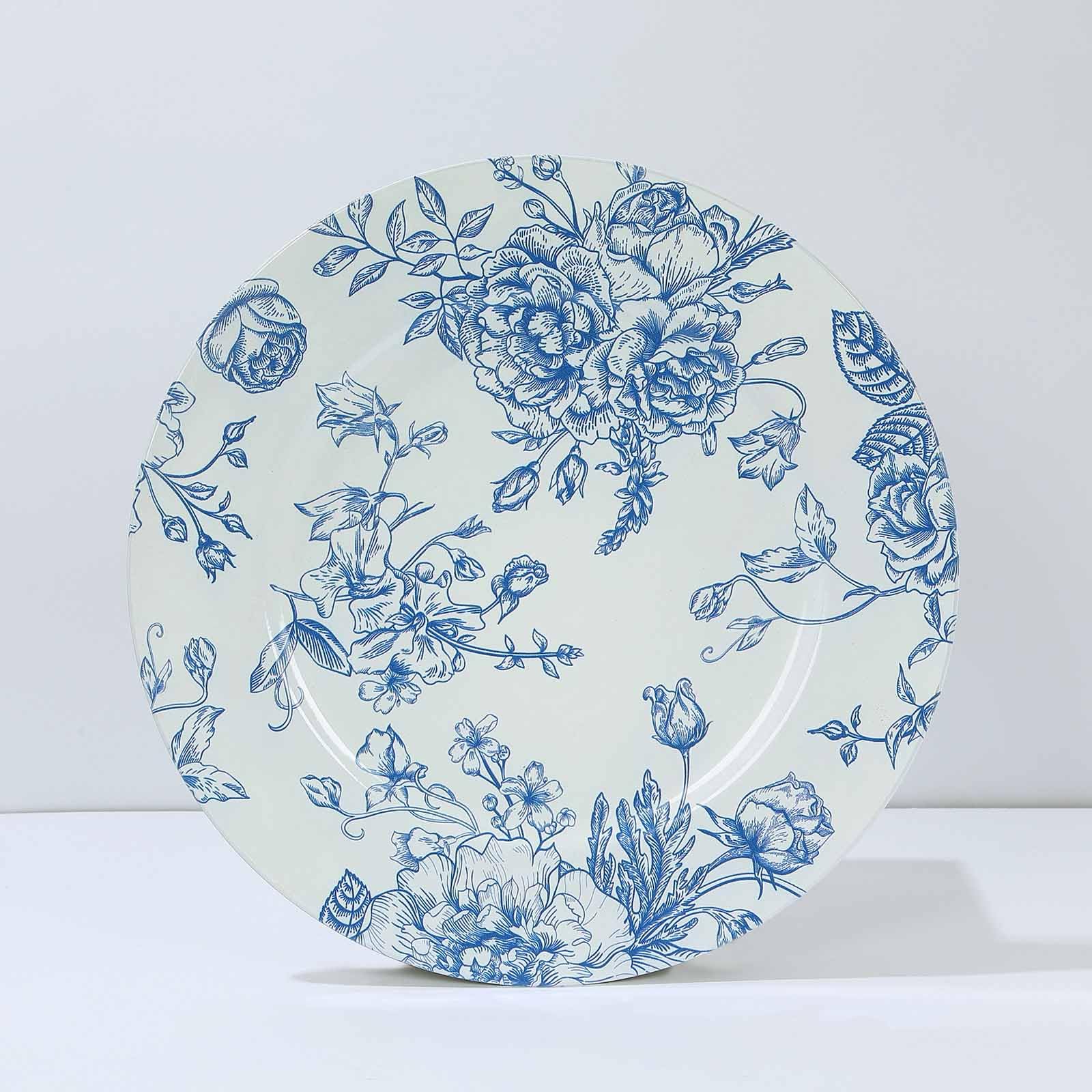 Efavormart 6 Pack White Blue Floral Acrylic Charger Plates - French Toile Pattern Round Dinner Plates for Wedding, Party & Holiday Decor - 13 Inch Elegant Table Setting Chargers