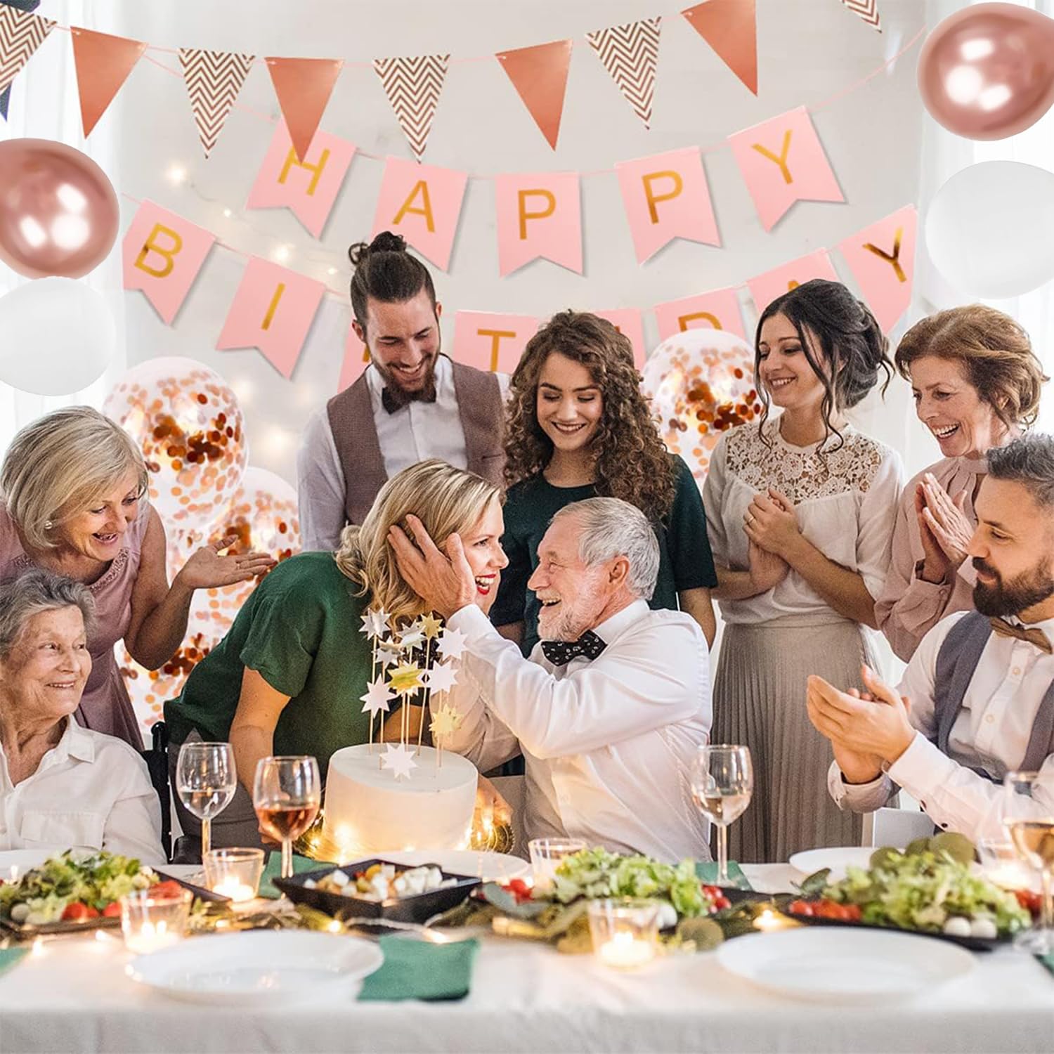 Rose Gold Happy Birthday Banner & Bunting Set - 12 Inch Balloons, Ribbons & Party Decorations for Women | Perfect for Birthday Parties, Baby Showers & Anniversary Celebrations