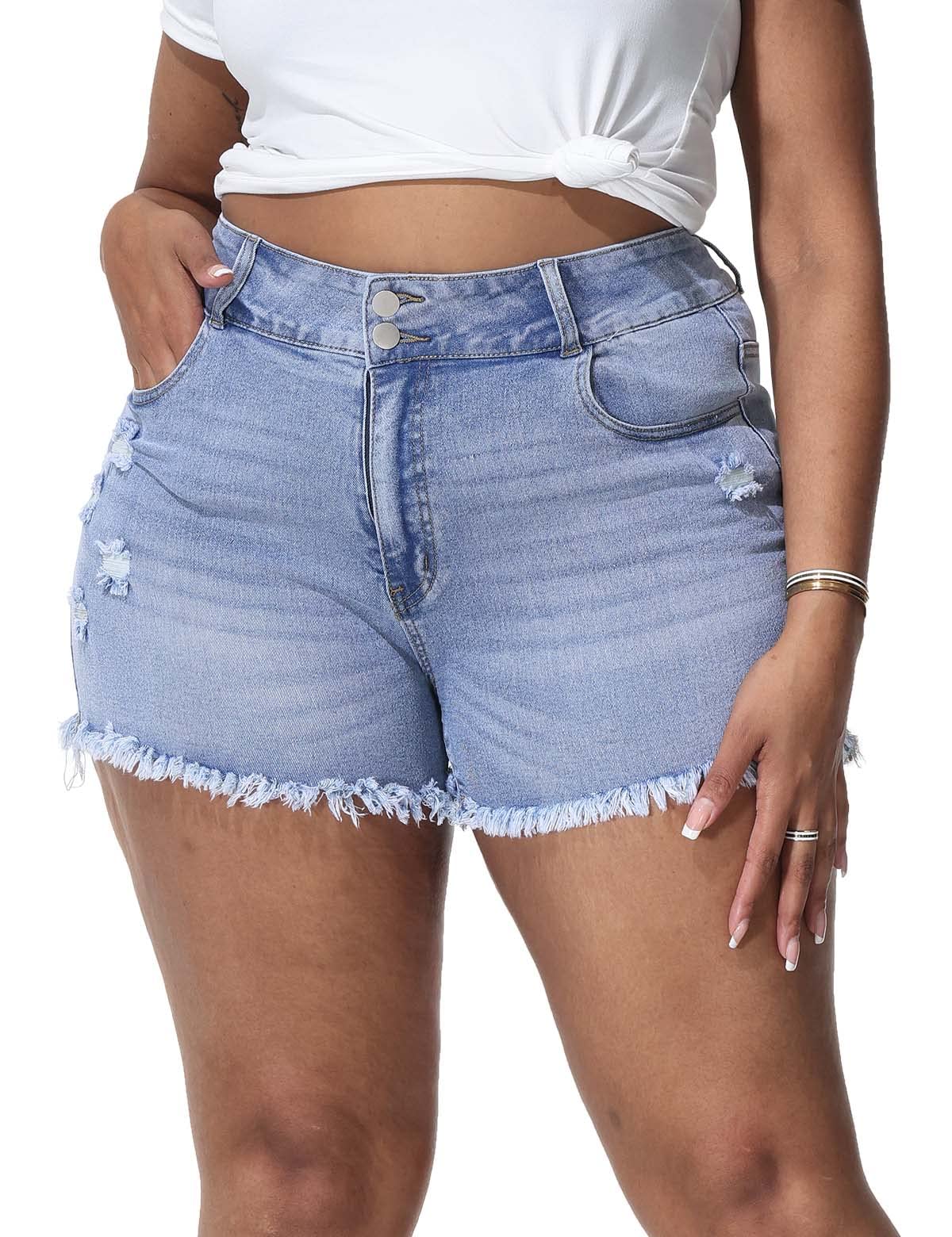 ALLEGRACE Sexy Plus Size Denim Shorts for Women - Distressed High Waist Shorts with Pockets | Perfect for Summer, Beach, and Casual Outings