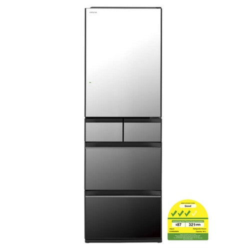 Hitachi R-HWS480KS X Crystal Mirror French Door Refrigerator - 500L Capacity, Energy Efficient, Stainless Steel Finish - Perfect for Modern Kitchens & Large Family Homes