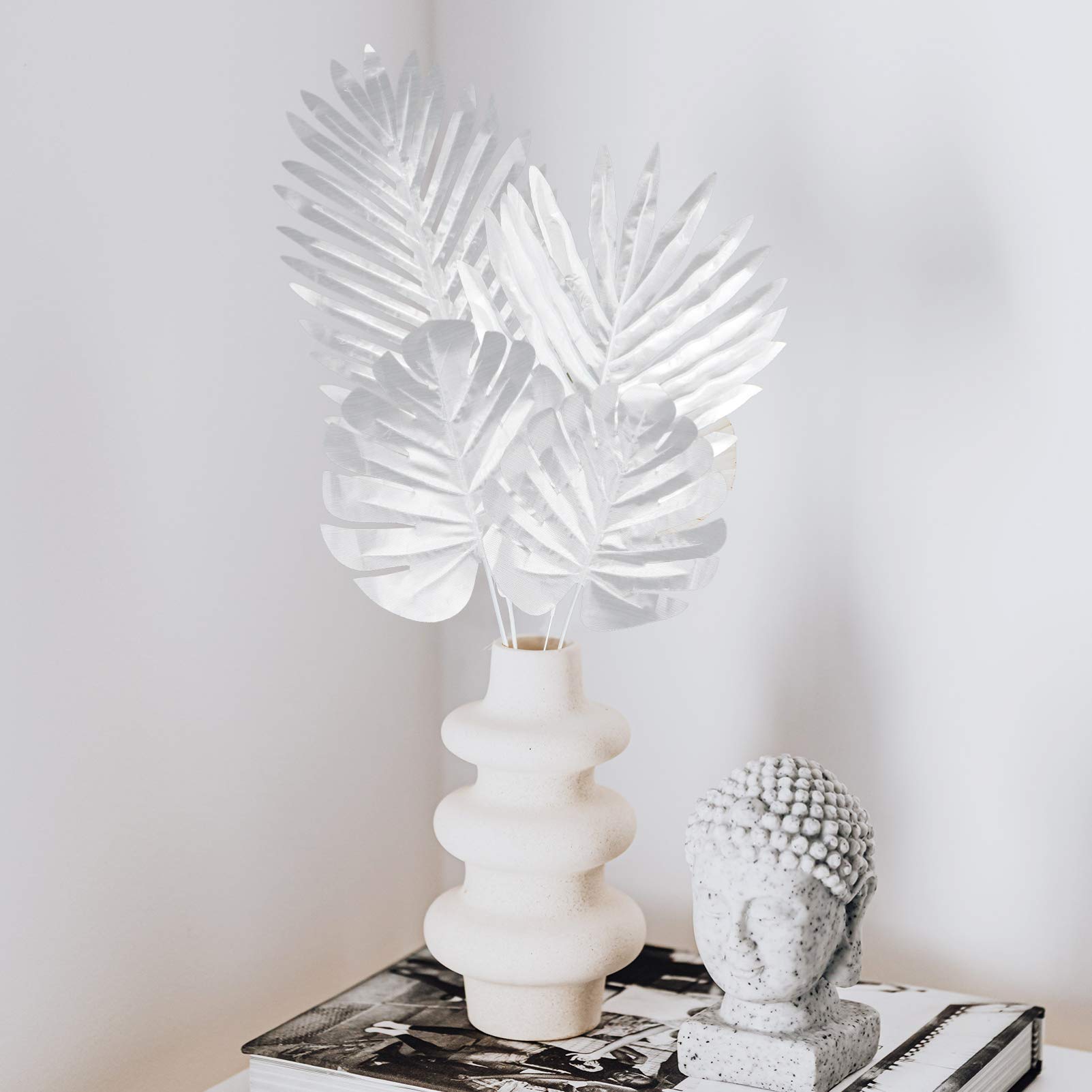 PRETYZOOM 24 Pack Silver Artificial Palm Leaves - Fake Tropical Fronds for Home Decor, Wedding Centerpieces, Party Arrangements & Tropical Theme Decorations - Perfect for Beach Parties, Boho Weddings & Indoor Greenery