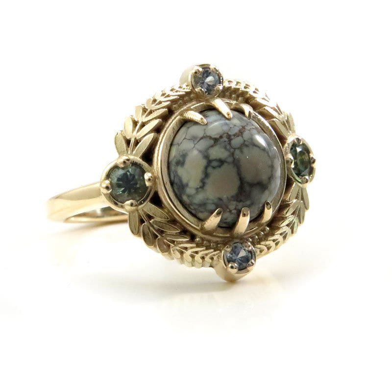 Variscite Leaf Ring with Montana Sapphires in 14k Yellow Gold - Size 6 & 8 Ready to Ship | Elegant Nature-Inspired Jewelry for Weddings & Special Occasions