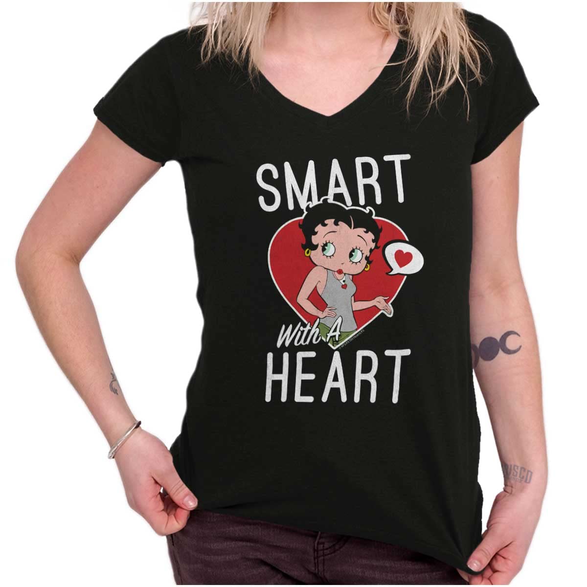 Betty Boop Smart with a Heart Cartoon Women's Petite V-Neck T-Shirt | Brisco Brands | Casual & Cute Graphic Tee for Everyday Wear