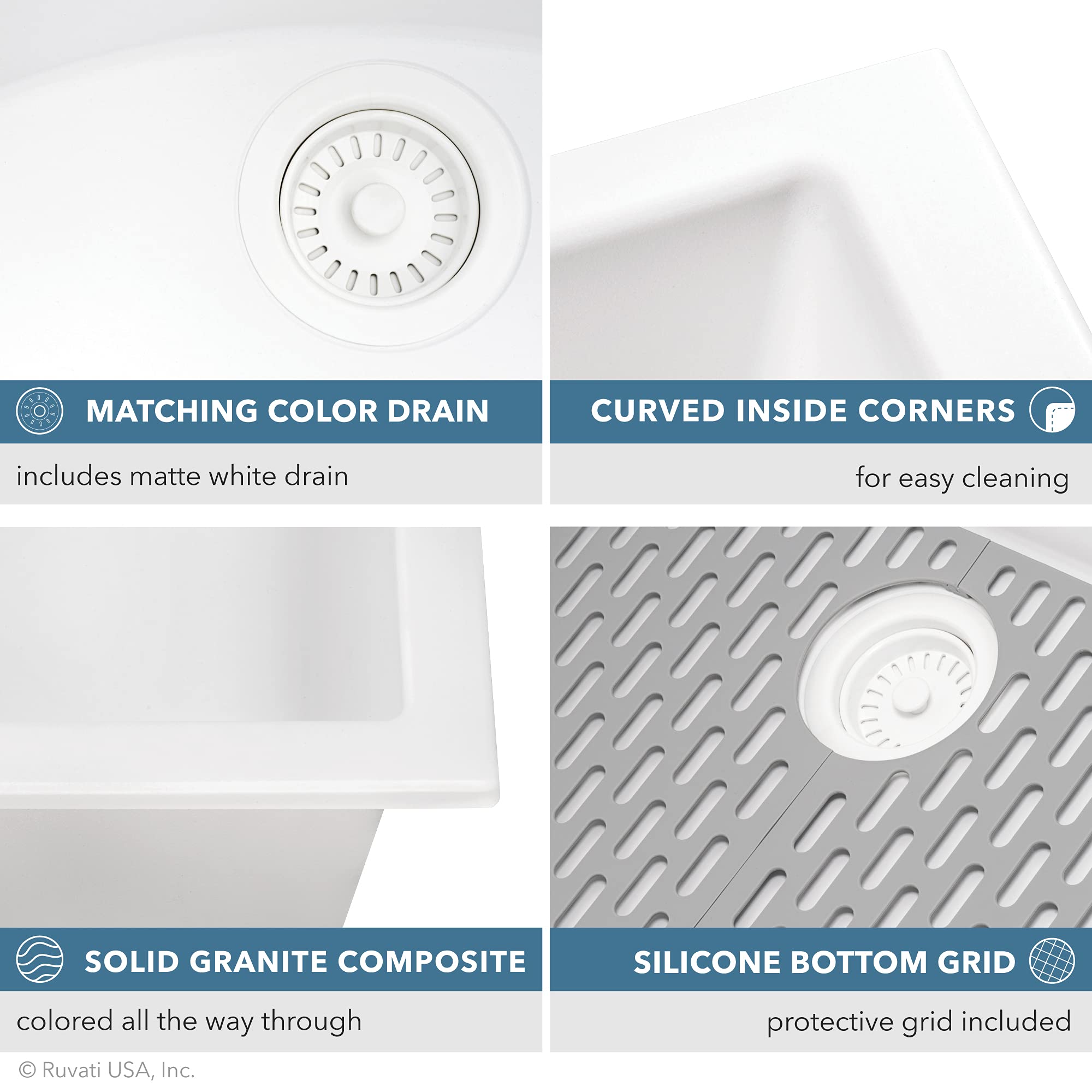 Ruvati 32 x 19 Inch White Granite Composite Undermount Single Bowl Kitchen Sink - Durable RVG2080WH for Modern Homes & RV Use - Perfect for Meal Prep, Dishwashing & Small Space Kitchens