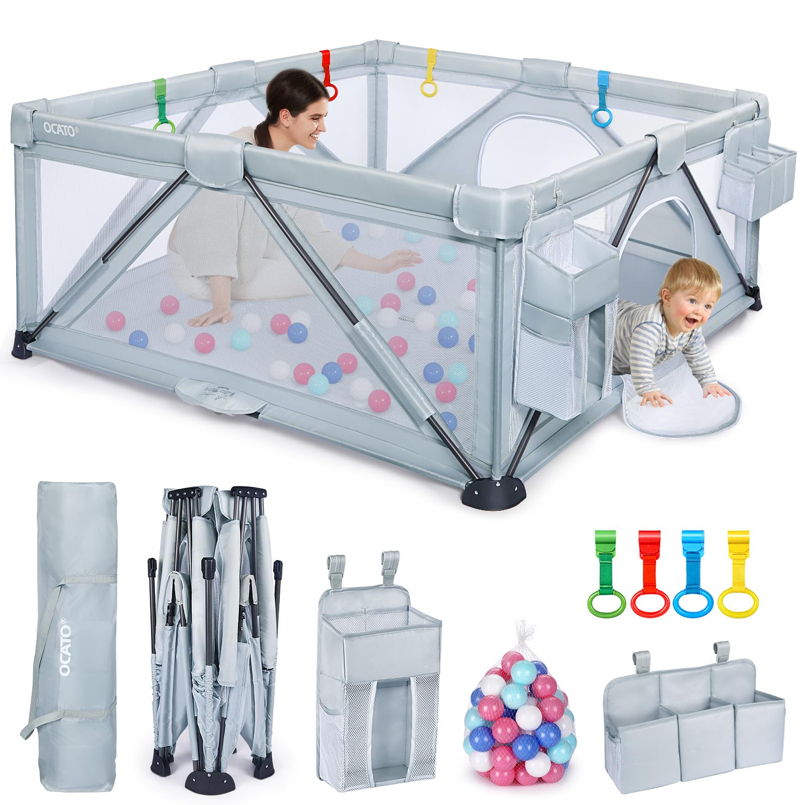 Foldable Baby Playpen for Toddlers - Large Portable Play Yard with 2 Storage Bags & 50 Balls (59