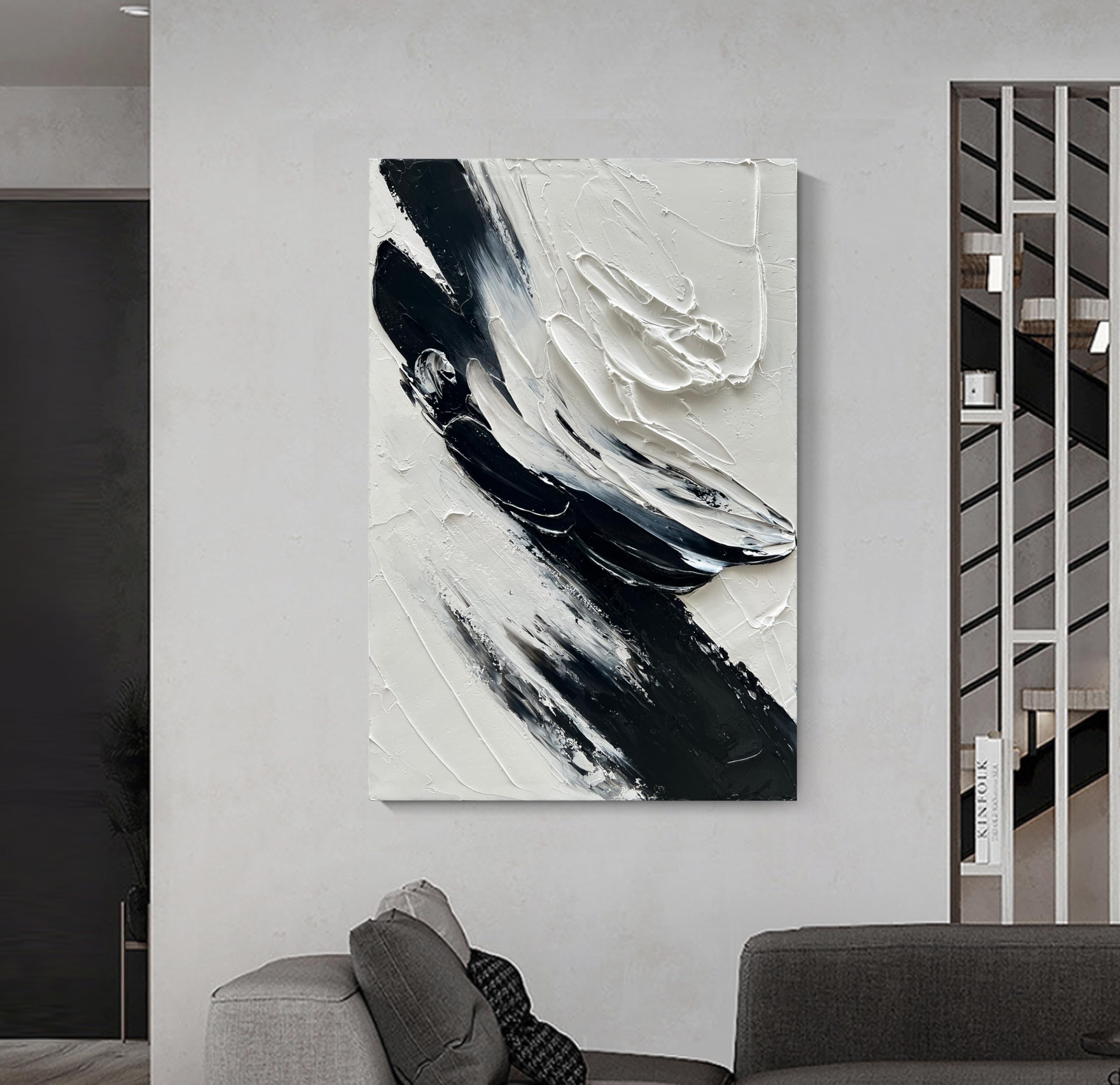 Hand-Painted Black and White Abstract Oil Painting - 40x28 Inches Thick Texture Minimalist Wall Art for Modern Home & Office Decor | Perfect for Living Room, Bedroom or Gallery Display