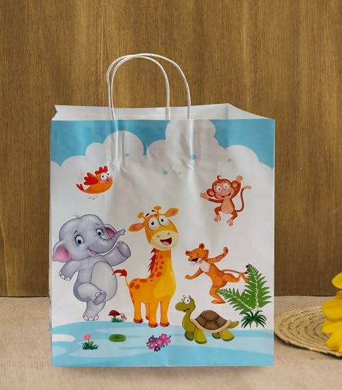 Premium 12-Pack Jungle Safari Animal Print Gift Bags - 90 GSM White Paper Party Favor Bags (11.4x9.4x4.7 Inches) for Birthday Party Favors, Kids Celebration & Special Occasion Gifts - Perfect for Baby Showers, Classroom Rewards and Holiday Treat Bags