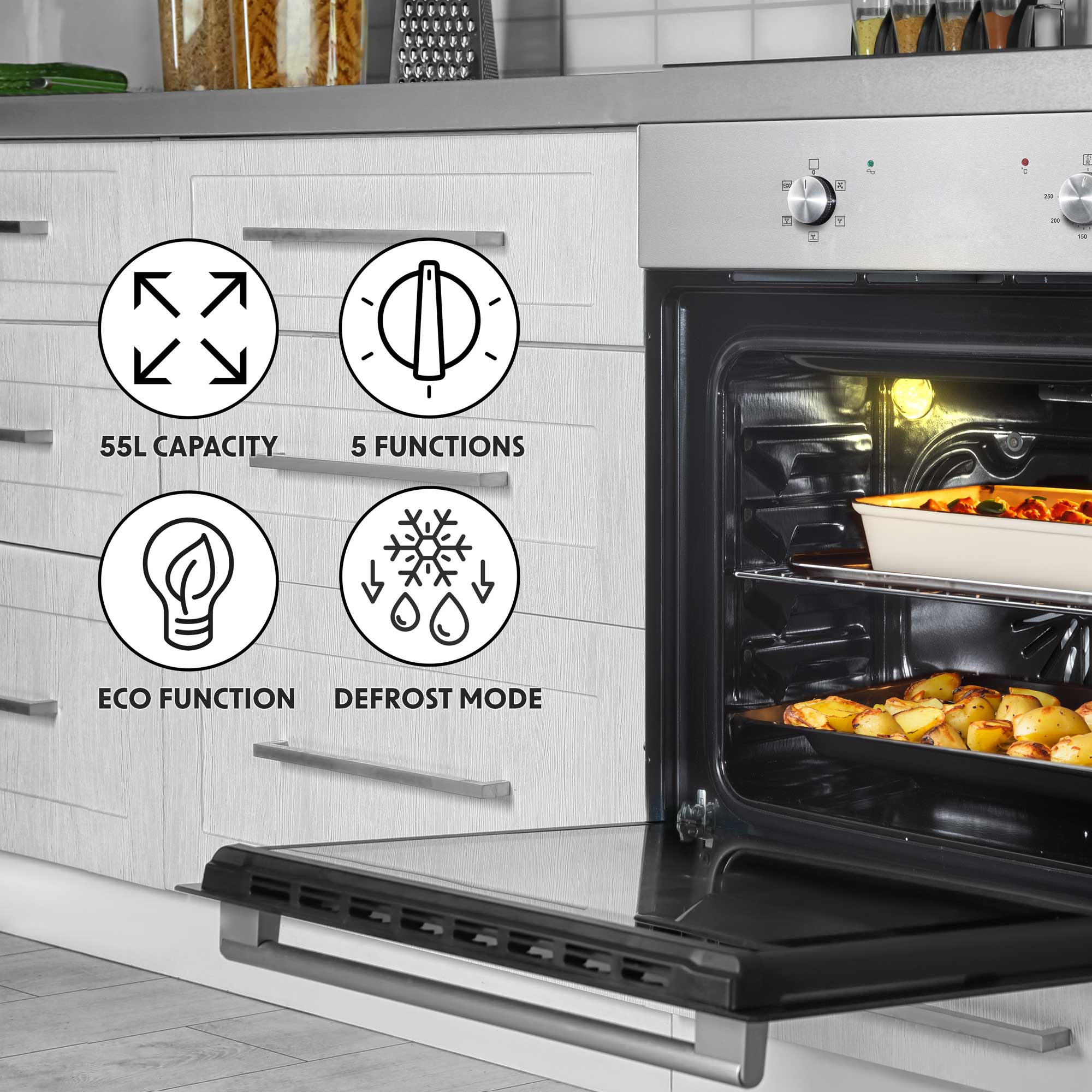 Baridi 60cm Built-In 5 Function Fan Assisted Oven - 55L Stainless Steel Electric Oven with Convection Baking | Perfect for Home Kitchens & Small Restaurants