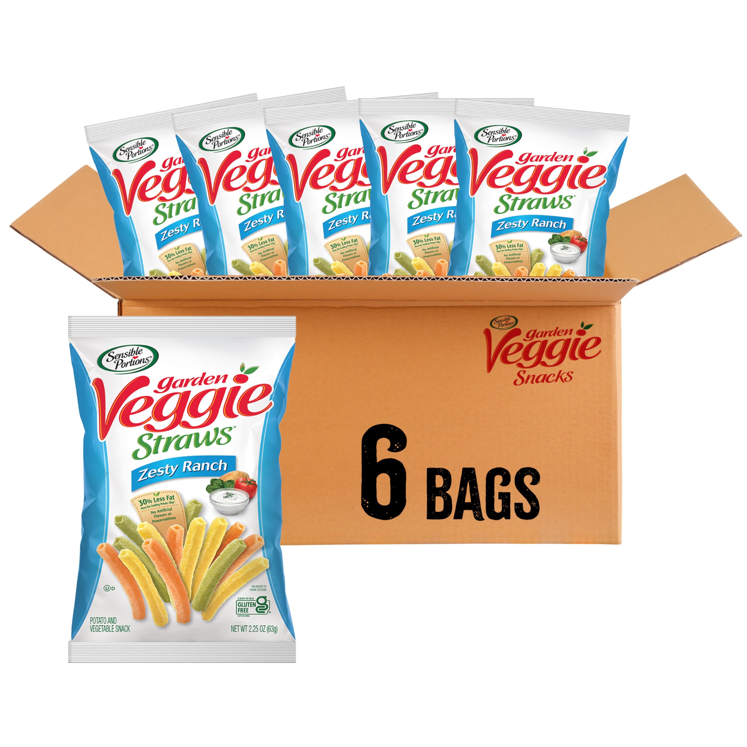 Sensible Portions Veggie Straws - Zesty Ranch Flavor, Gluten-Free, Non-GMO, Healthy Snack Chips, 2.25oz Bags (Pack of 6) | Perfect for Lunchboxes, Parties, and On-the-Go Snacking