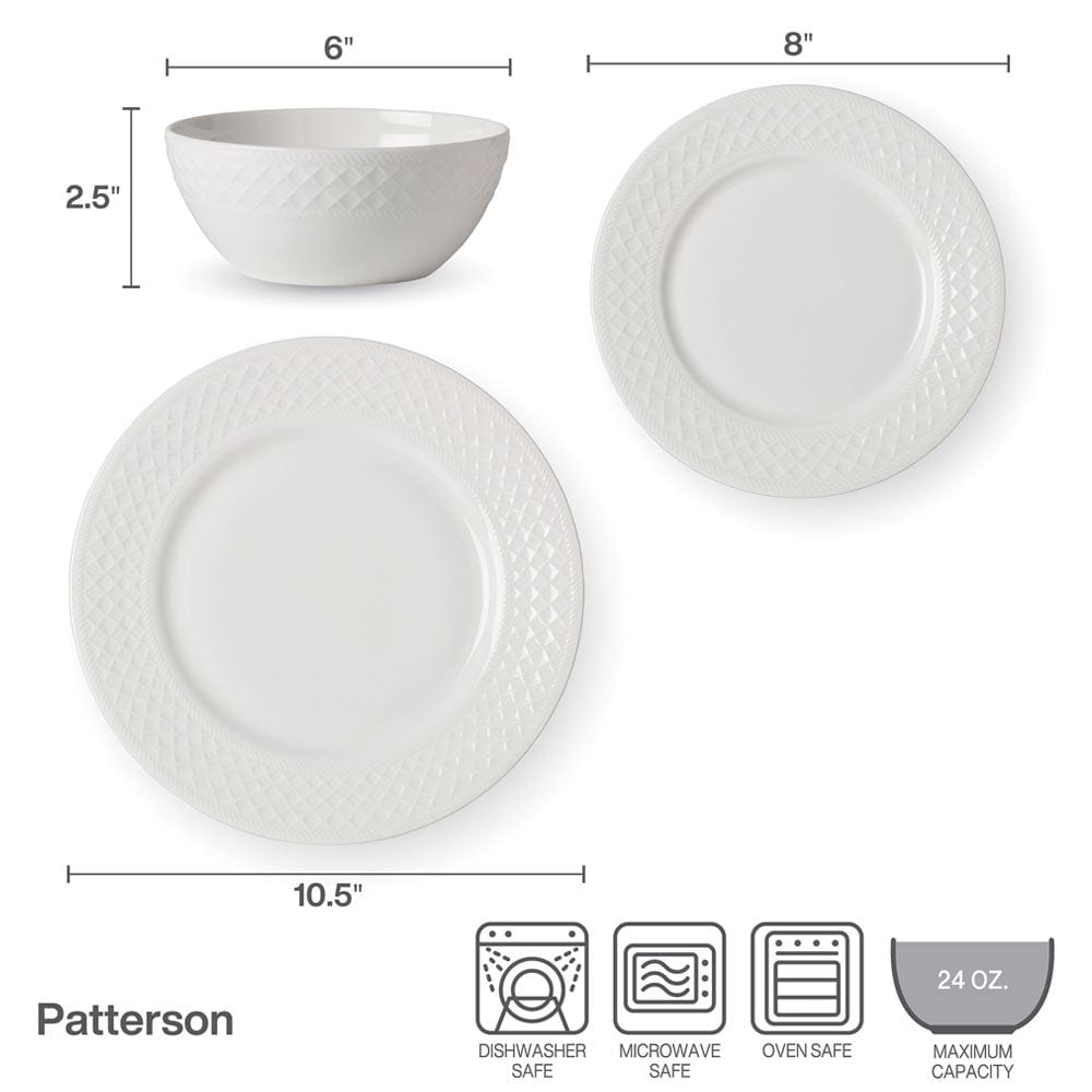 Patterson Vegan Bone 12-Piece Dinnerware Set - Service for 4 - Eco-Friendly Porcelain Dinner Plates, Bowls & Mugs - Perfect for Family Dinners, Entertaining Guests & Everyday Use