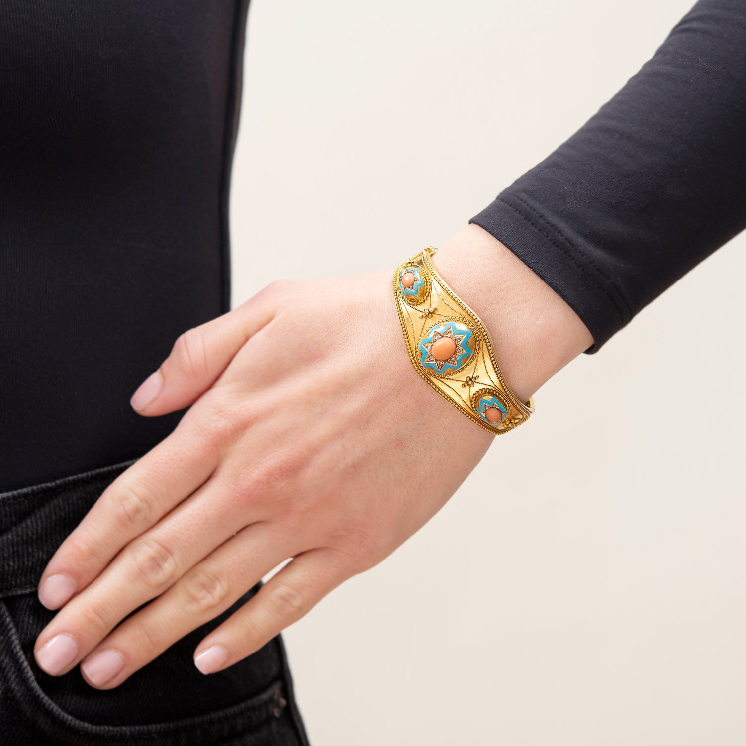 Victorian 15k Gold Etruscan Coral, Diamond & Enamel Starburst Motif Bracelet - Elegant Antique Jewelry for Weddings, Parties & Special Occasions