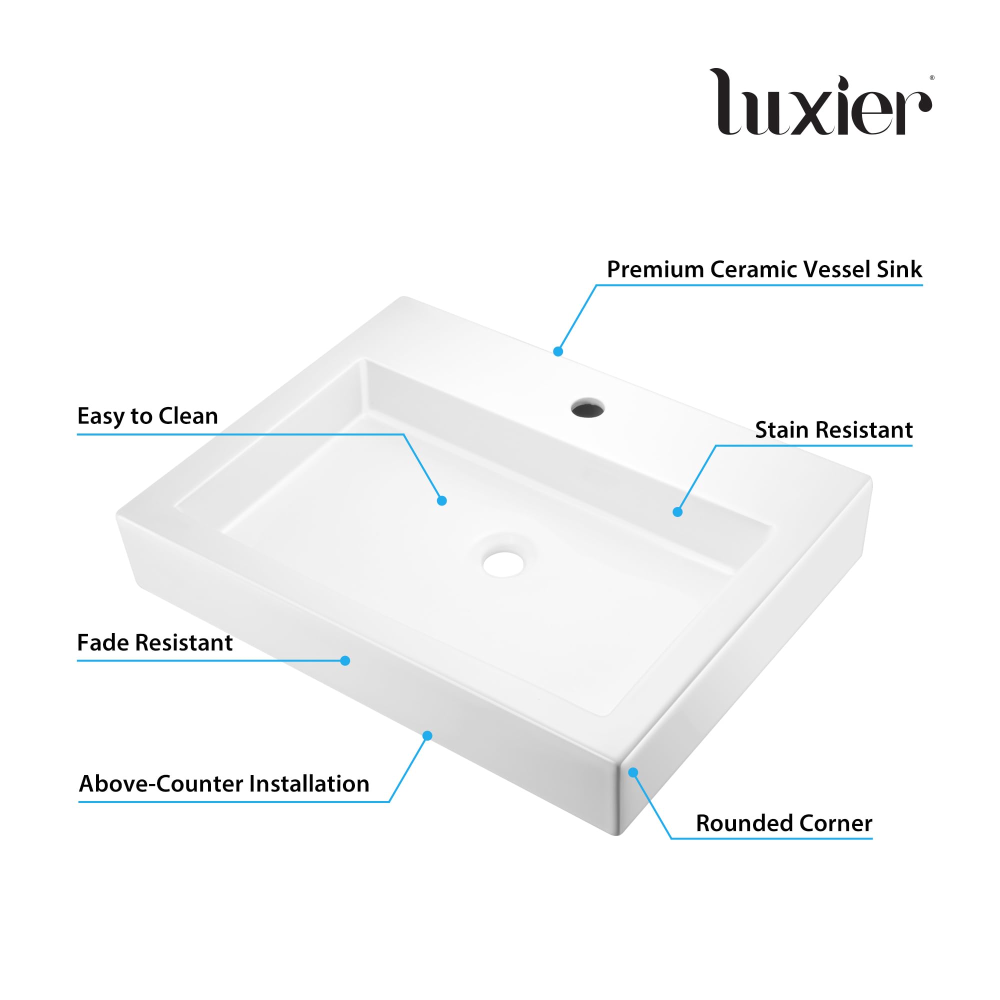 Luxier CS-021 Modern Porcelain Ceramic Vessel Sink - White Bathroom Vanity Art Basin for Contemporary Home Decor | Perfect for Master Bath, Powder Room & Spa Retreat