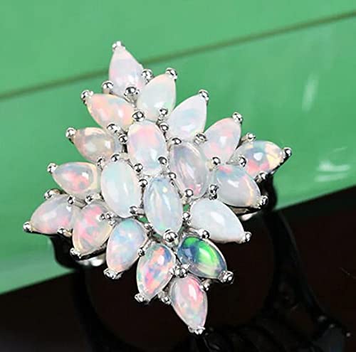 100% Natural Ethiopian Welo Opal Cluster Ring - Genuine Opal Gemstone Flower Ring - 925 Sterling Silver Wedding & Engagement Ring - Proposal Jewelry for Women - Perfect for Bridal, Anniversary & Special Occasions