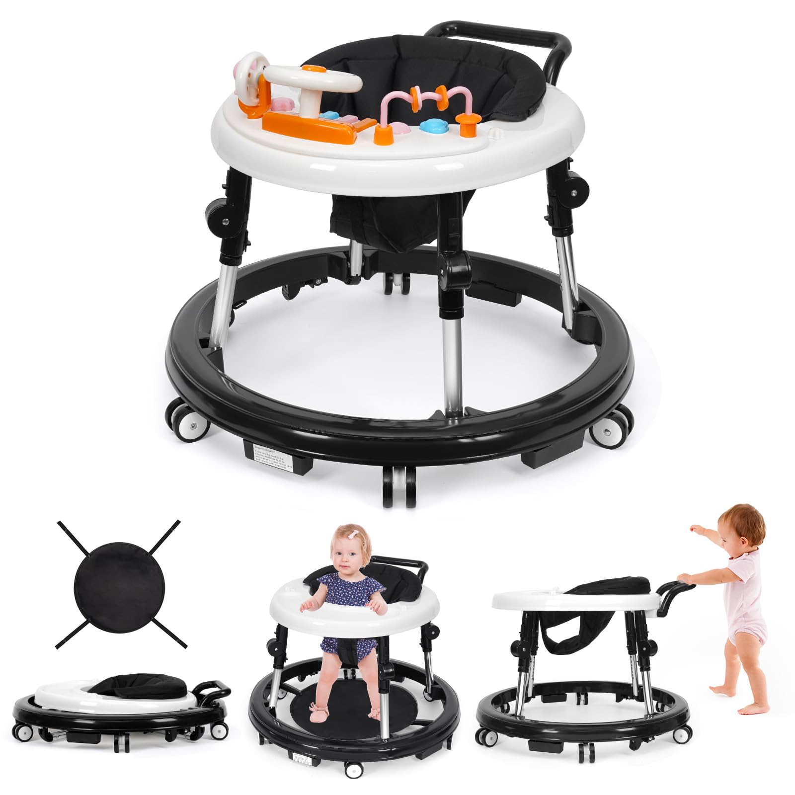 Foldable Music & Lights Baby Walker with 9 Adjustable Heights - Portable Wheeled Activity Center for Boys & Girls 7-18 Months (New Black) - Perfect for Learning to Walk & Indoor Playtime