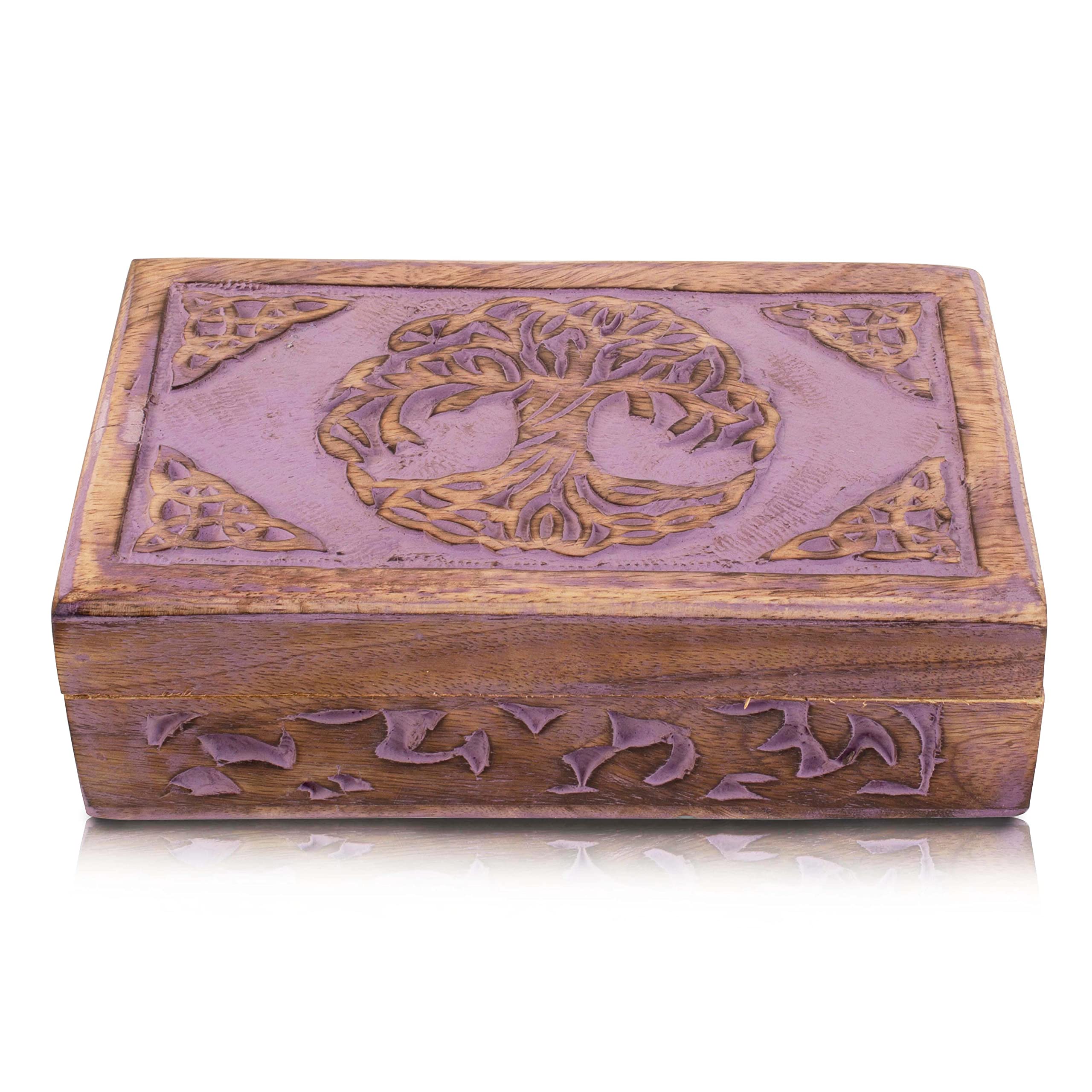 Handmade Wooden Jewelry Box with Tree of Life Carving - Jewelry Organizer, Keepsake Box, Watch Storage & Trinket Holder - Perfect Birthday, Housewarming Gift (Violet) - Ideal for Home Decor, Wedding Gifts & Jewelry Storage