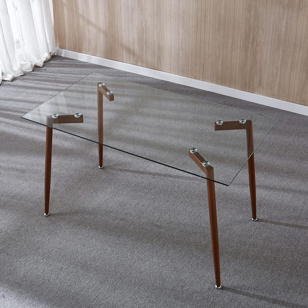 Modern Glass Top Dining Table with Metal Legs & Wooden Finish - Contemporary Kitchen & Home Office Furniture - Sturdy & Transparent Design for Stylish Dining & Workspaces