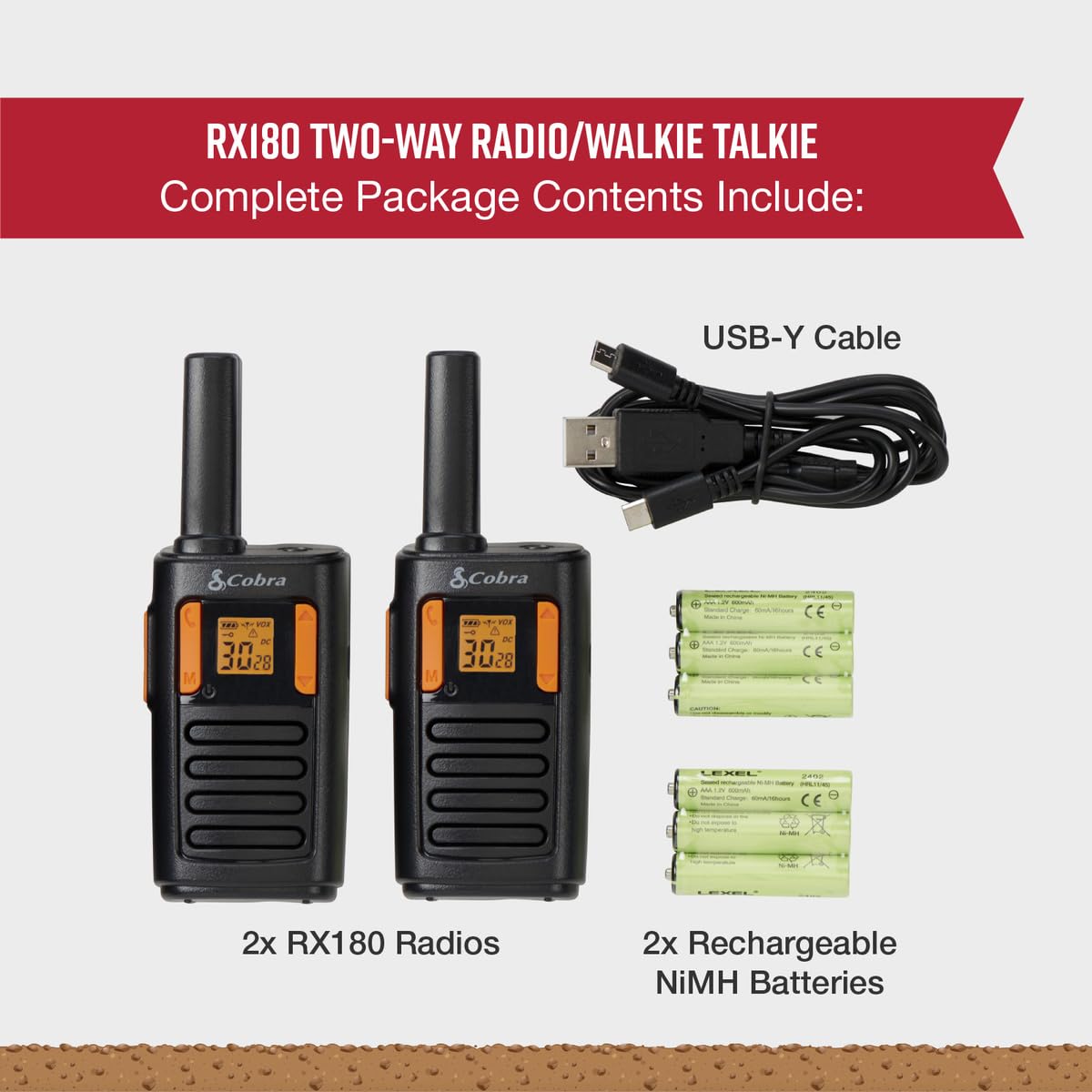 Cobra RX180 Walkie Talkies 2-Pack - 18-Mile Long Range Two-Way Radios with 22 Channels, NOAA Weather Alerts & Voice Activation - Compact Orange/Black Walkie Talkies for Hiking, Camping, and Outdoor Adventures