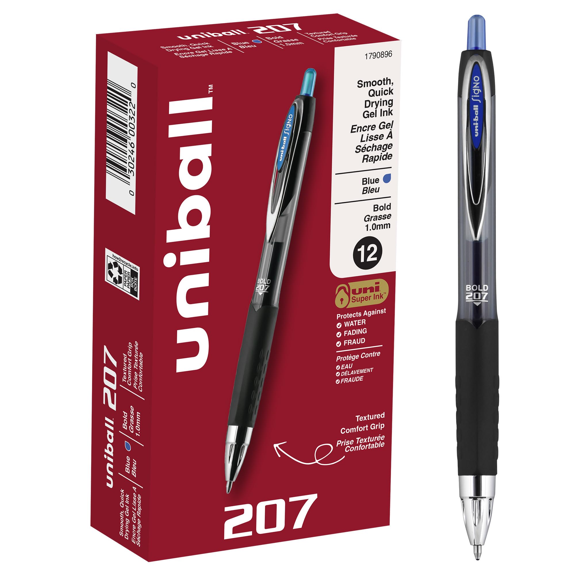 Uni-Ball Signo 207 Retractable Gel Pens - 12 Pack 1.0mm Bold Blue Ink - Water Resistant, Smooth Writing & Comfort Grip - Perfect for School, Office & Note Taking
