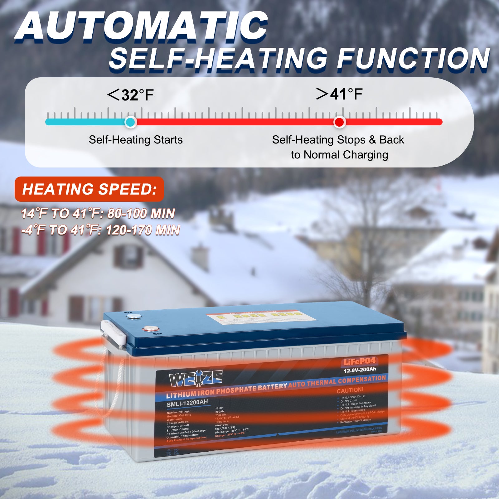 WEIZE 12V 200Ah 2560Wh LiFePO4 Lithium Battery with Self Heating - Deep Cycle Battery for RV, Solar Power, Marine, Off-Grid & Backup Power Systems