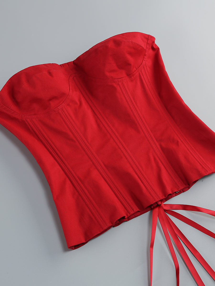 Elegant Red Corset Two-Piece Set with Floral Design - Perfect for Date Night, Parties & Special Occasions