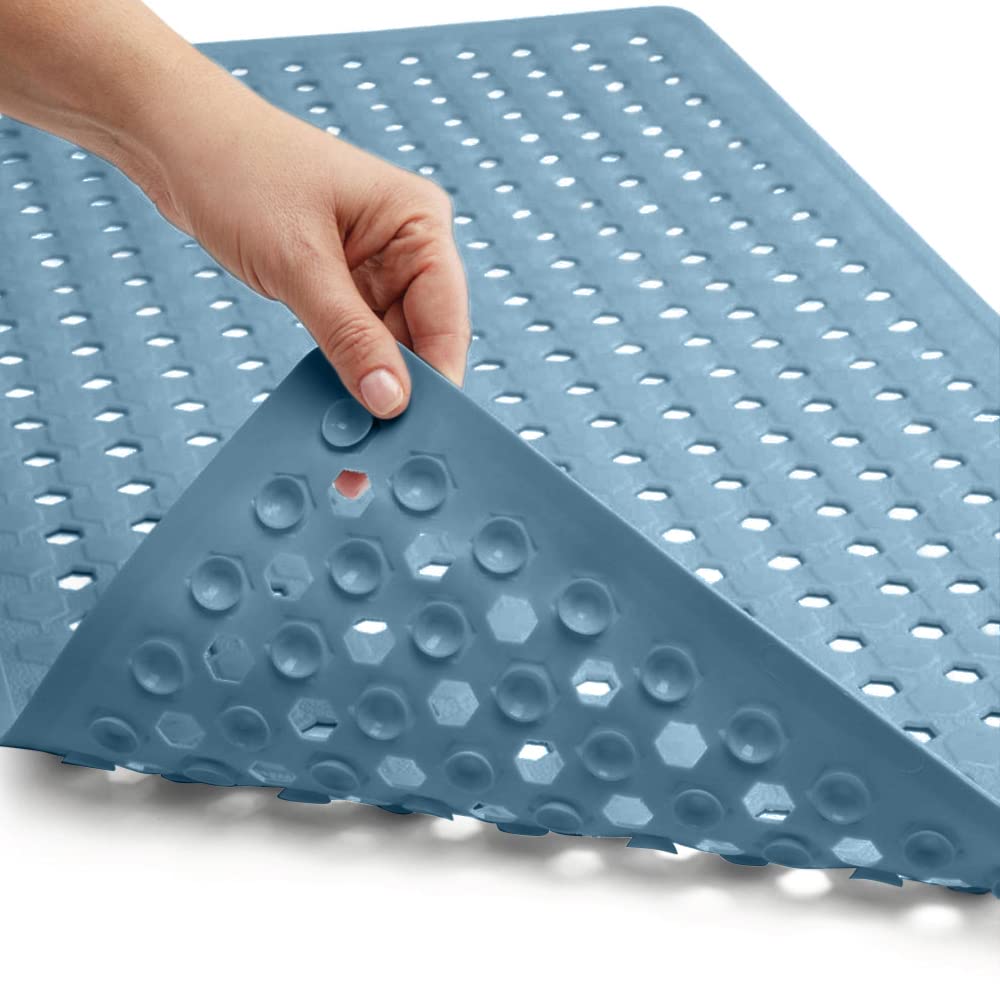 GORILLA GRIP Non-Slip Bathtub Shower Mat with Suction Cups | Machine Washable Bath Mat with Drain Holes | 35x16 Inch Sky Blue Opaque Tub Liner for Bathroom Safety | Perfect for Kids, Elderly & Wet Floors