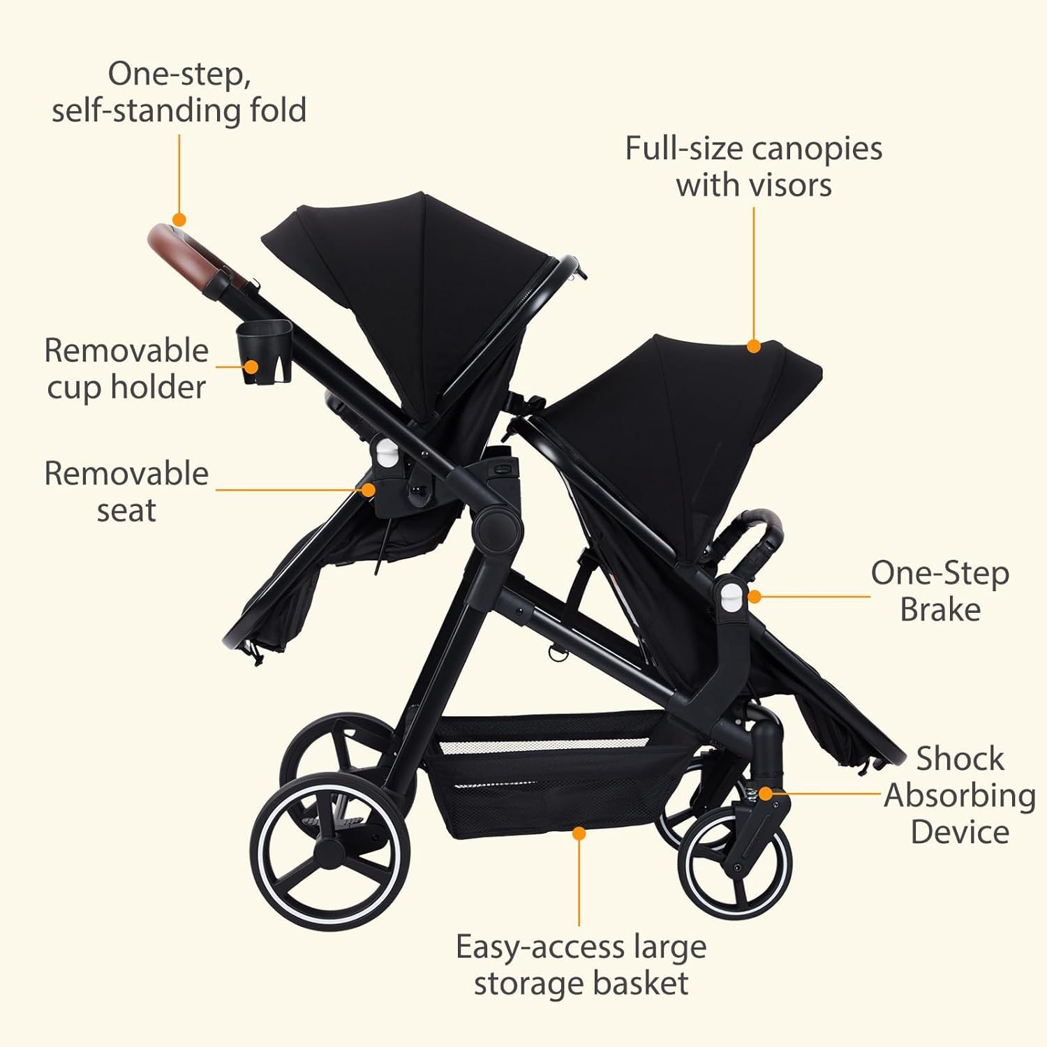 Foldable Double Bassinet Stroller - Adjustable Reversible Pushchair with Large Storage Basket & Canopy for Newborn & Toddler | Perfect for Travel, Shopping & Outdoor Walks