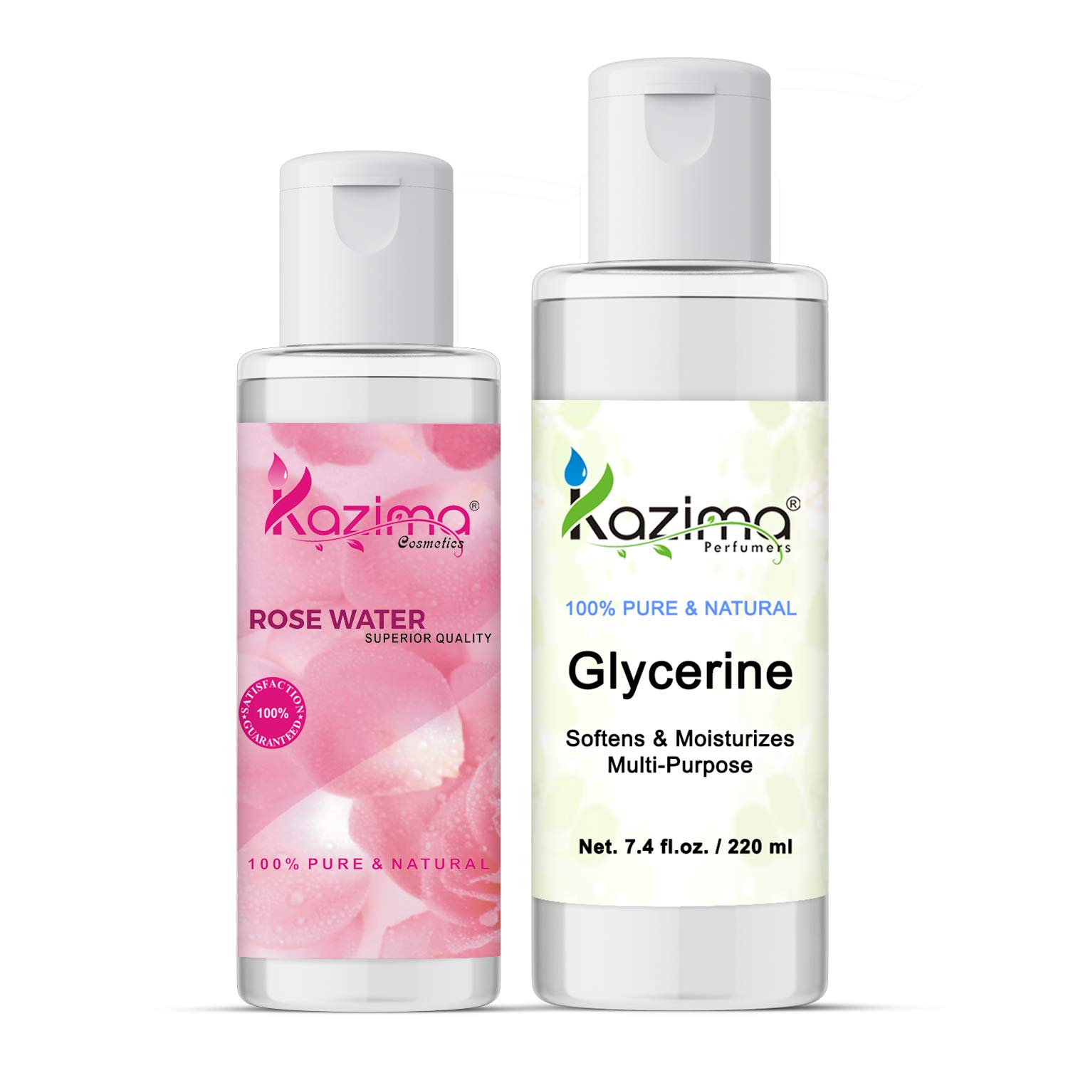 KAZIMA Rosewater 100ml & Glycerin 220ml Combo Set for Face Care - Skin Lightening, Dark Circle Treatment, Oily Skin & Wrinkle Reduction for Glowing Skin (2-Piece Set) | Perfect for Daily Skincare Routine & Spa Treatments