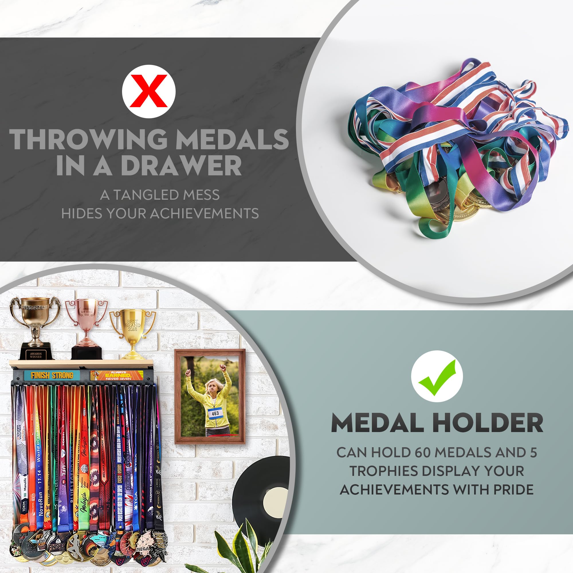 Beaux Creatives Premium Medal Hanger Display with Shelf - 18 Hooks Holds Up to 60 Medals - Wall Mount Trophy Organizer with Motivational Quotes - Perfect for Sports Awards, Military Ribbons & Achievement Displays in Home, Office or Gym