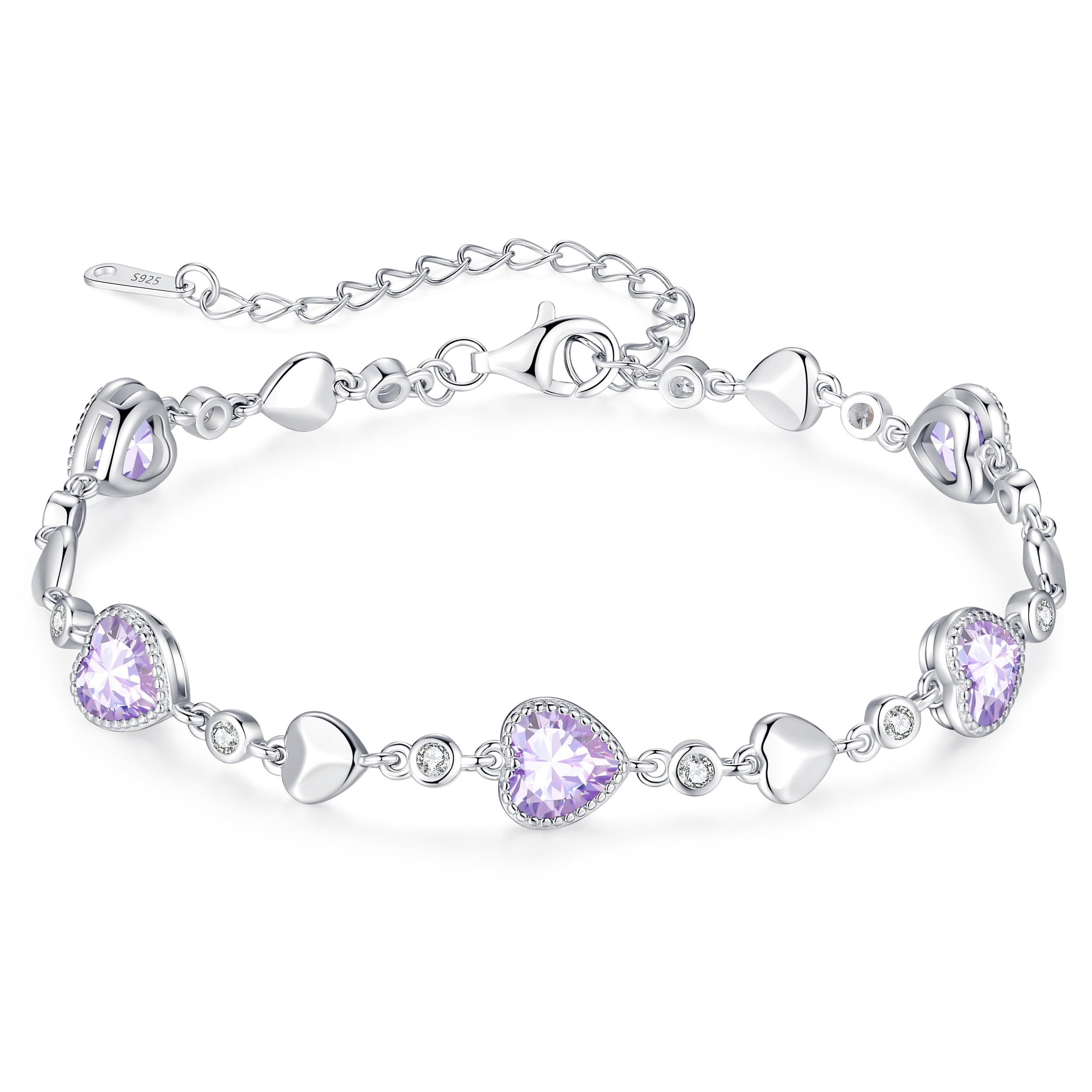 LOUISA SECRET 925 Sterling Silver Five Love Heart Birthstone Charm Link Bracelet for Women - Elegant Jewelry Gift for Wife, Mom, Girlfriend - Perfect for Birthday, Anniversary, Christmas & Everyday Wear