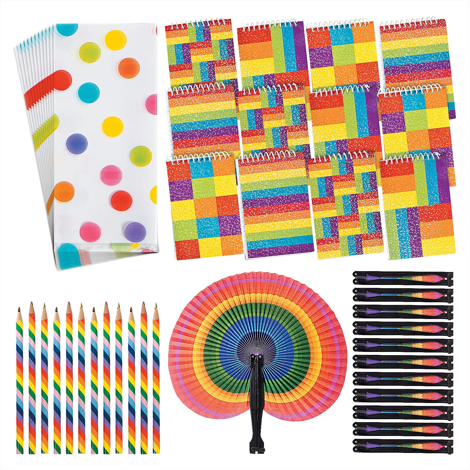 Vibrant Rainbow Party Favors Set - 12-Pack Dot Goody Bags, Glitter Notepads, Paper Fans & Striped Pencils for Kids Birthday Celebrations & Classroom Rewards