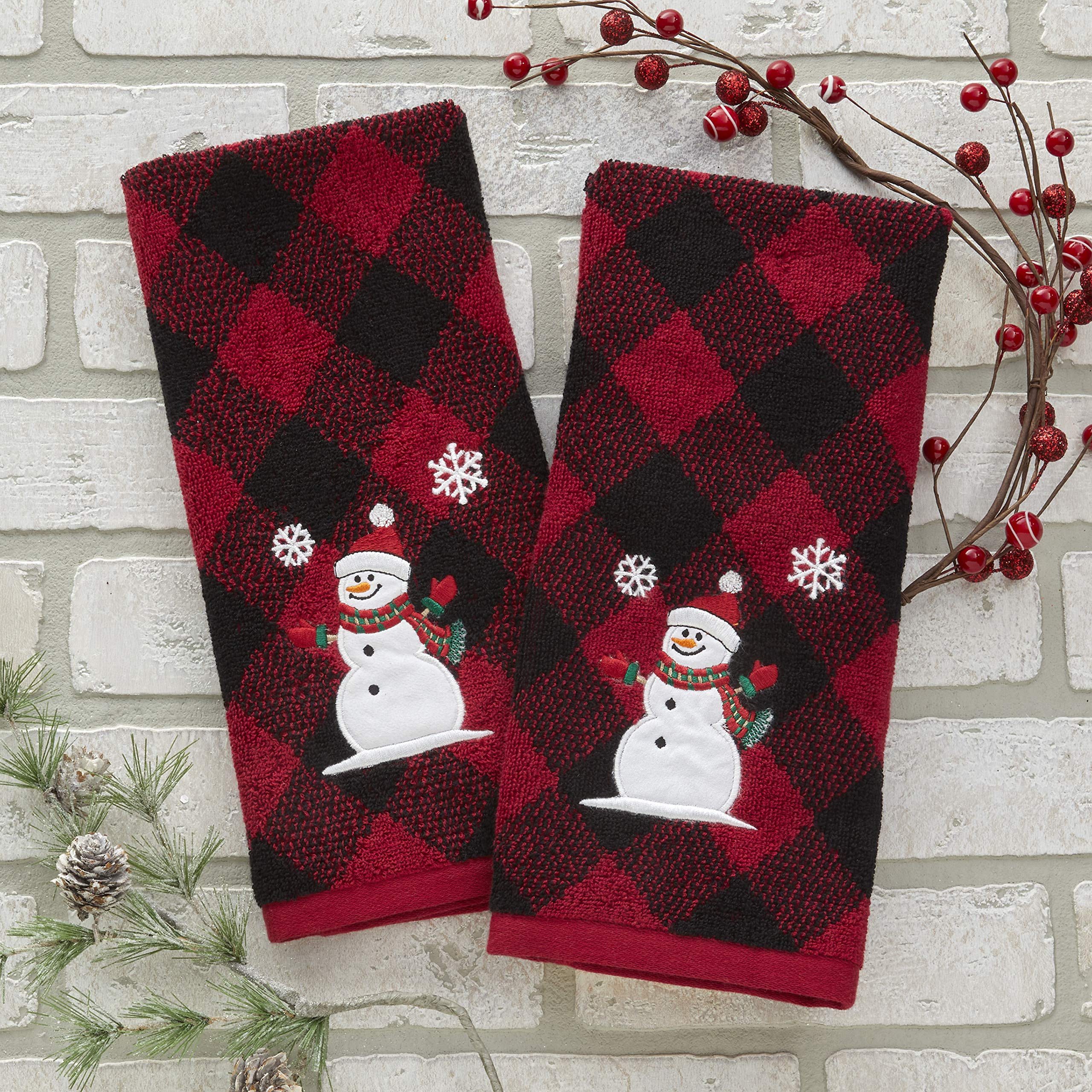 SKL Home Christmas Winter Snowman Hand Towel Set - 2-Piece Bath Kitchen Bar Towels for Holiday Decor & Gifting (Red/Black) - Perfect for Festive Home Decor, Hostess Gifts & Seasonal Kitchen Accents