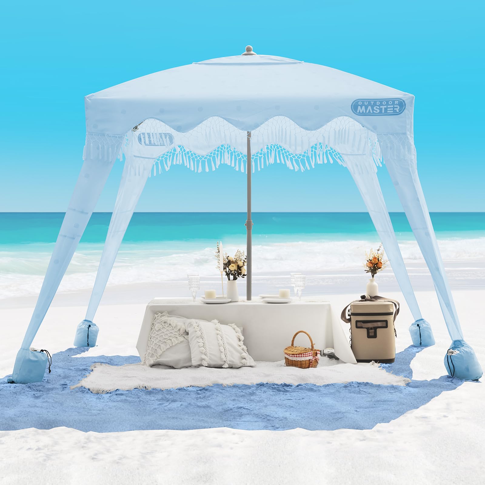 OutdoorMaster 6' x 6' Portable Beach Cabana with Fringe & Side Wall - UPF 50+ UV Protection Sun Canopy for Family, Kids & Friends - Easy Setup Beach Shelter for Picnics, Camping & Outdoor Activities - Wave Point Design