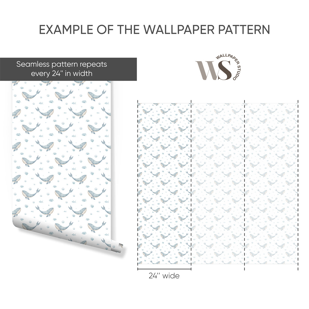 Blue Tiny Whales Wallpaper S085 - Self-Adhesive Removable Peel & Stick Wallpaper for Nursery, Kids Room, Bathroom Decor - Easy to Apply & Remove