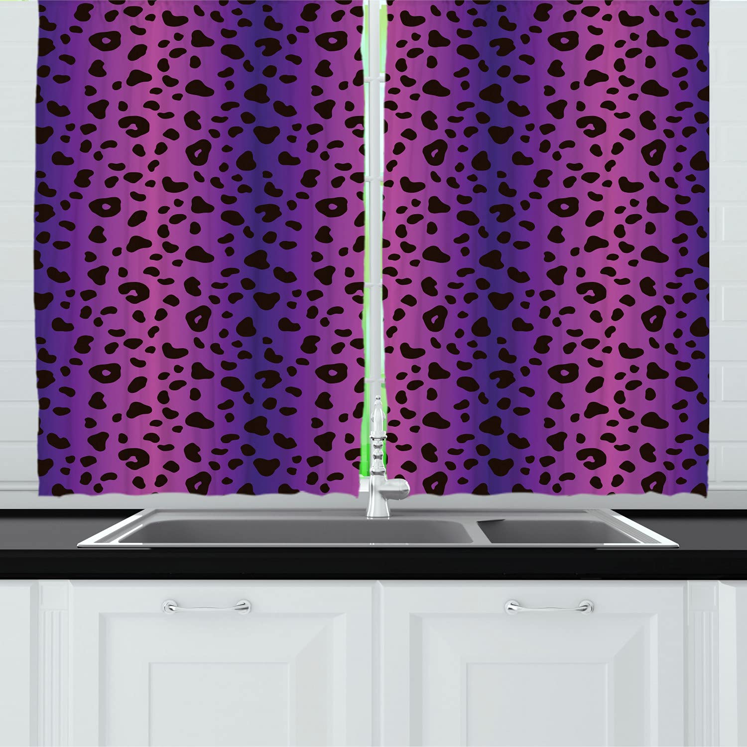 Ambesonne Leopard Rainbow Long Kitchen Curtains - Exotic Animal Print Black & Fuchsia Ombre Drapes with Rod Pocket, 55