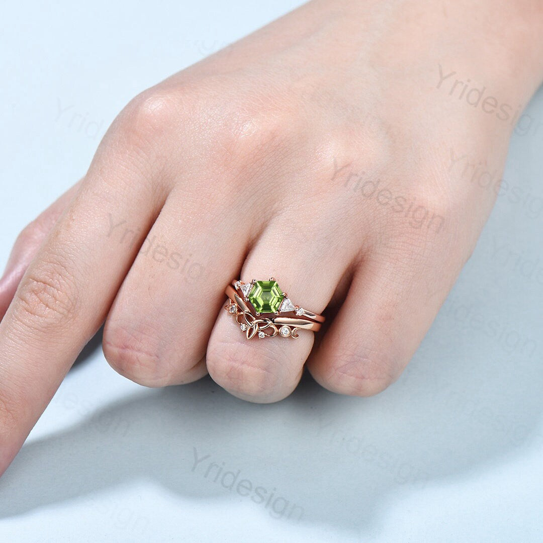 Vintage Hexagon Peridot Engagement Ring Set in Rose Gold with Unique Cluster Trillion Moissanite - Women's Promise Ring for Anniversary, Proposal & Special Occasions