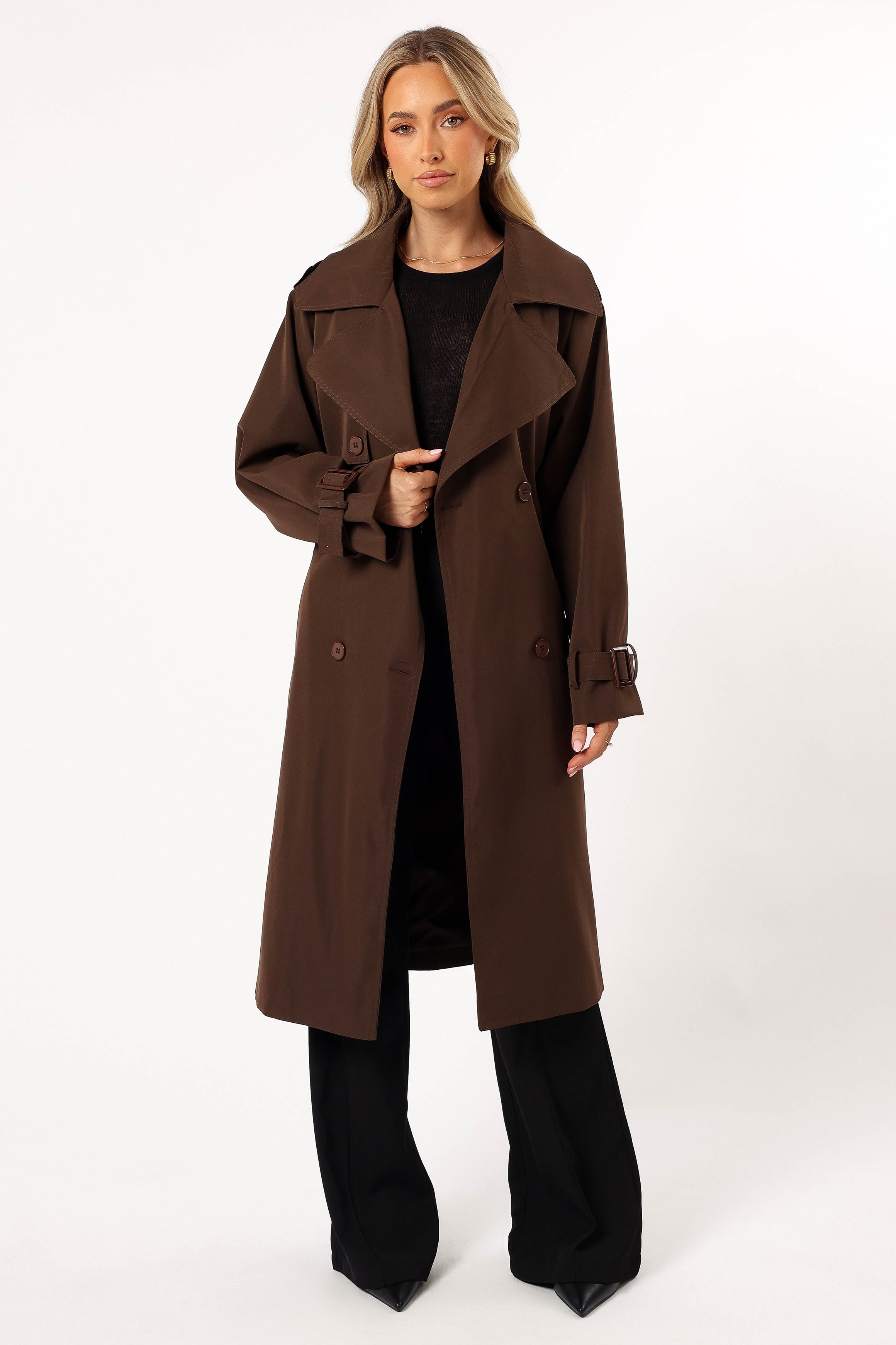 Billy Button Front Trench Coat in Chocolate Brown | Classic Waterproof Raincoat for Women | Perfect for Fall, Winter & Office Wear