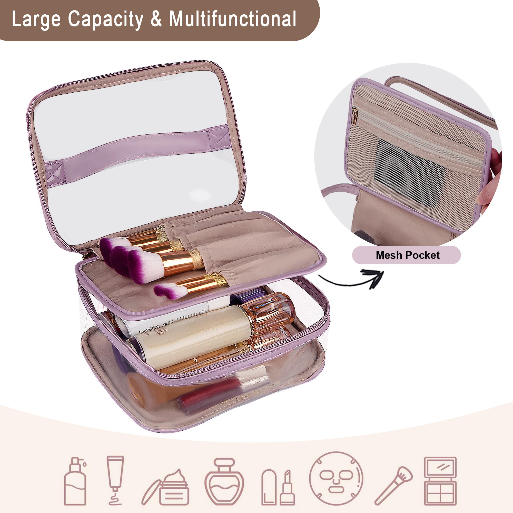 Clear Toiletry Bag for Travel - Large Opening Transparent Makeup Organizer, Portable Waterproof Cosmetic Case with High Capacity | Perfect for Women's Travel Essentials, Gym, Airplane Carry-On & Weekend Getaways (Purple)