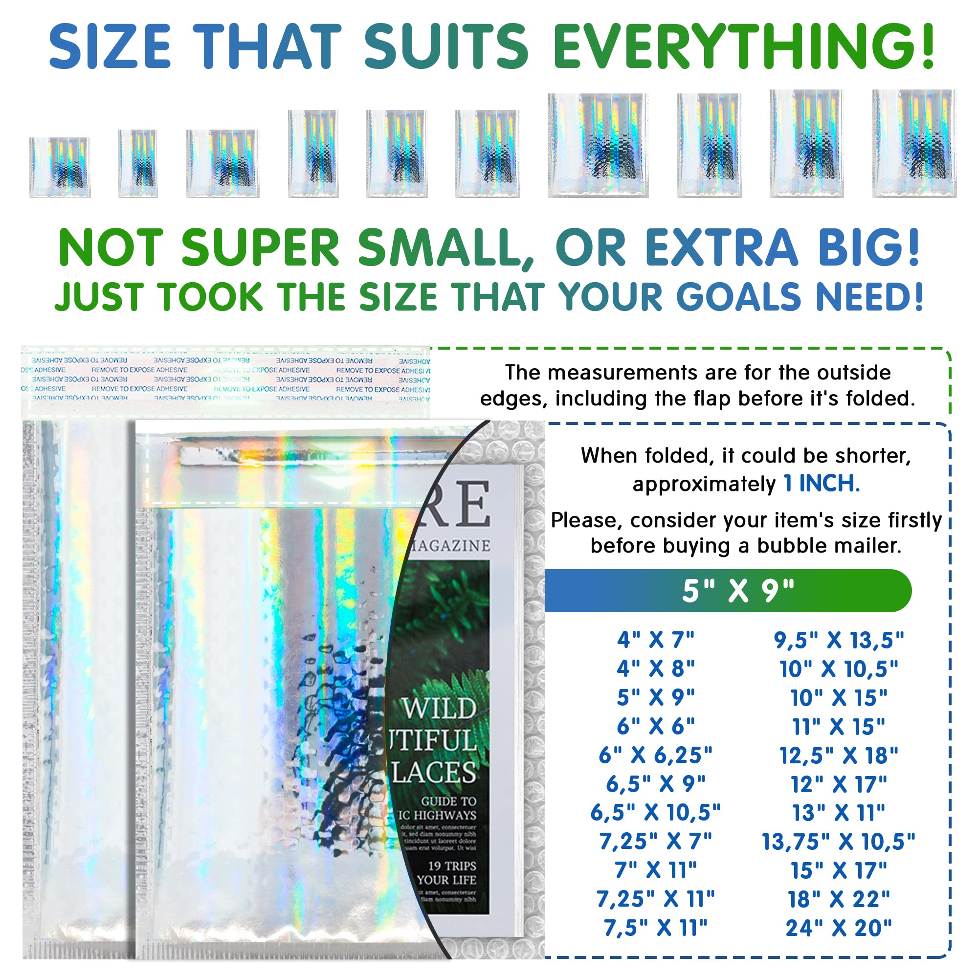 Hologram Bubble Mailers 5x9 Inches - 300 Pack Glamorous Metallic Self-Seal Envelopes | Waterproof & Heavy Duty Shipping Bags for Cosmetics, Jewelry & Small Business Packaging | Perfect for Ecommerce, Online Stores & Gift Wrapping