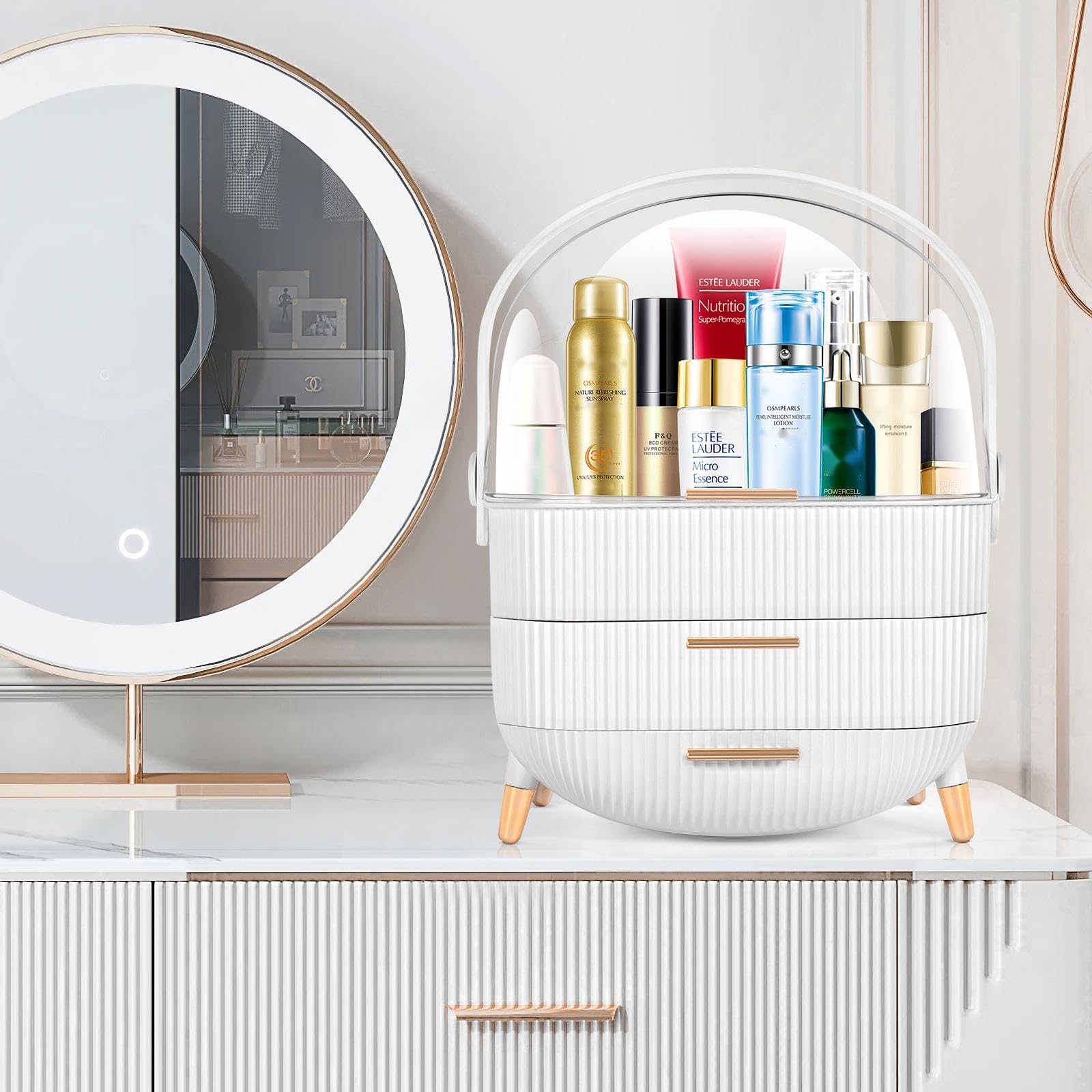 Preppy Makeup Organizer & Skincare Storage Box for College Students - Portable Cosmetic Caddy for Dorm, Bathroom, Dresser - White | Perfect for Travel, Vanity Organization & Small Space Storage