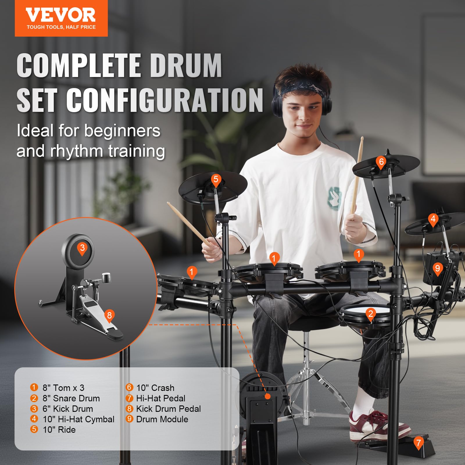 VEVOR Electric Drum Set for Beginners & Adults - 32 Drum Kits, 480 Sounds, USB MIDI Support, 8