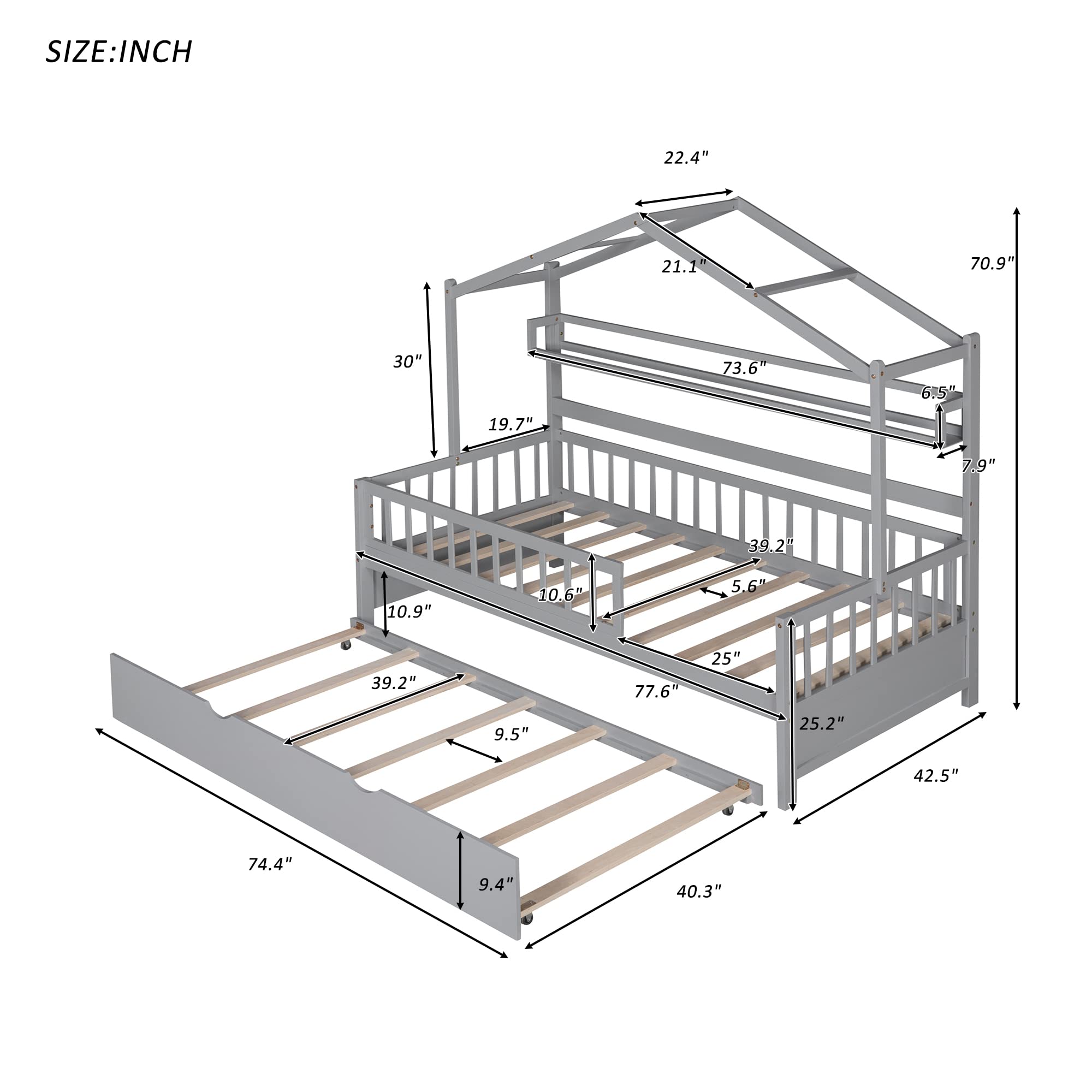MERITLINE Twin Size House Bed with Trundle and Storage Shelves - Montessori Platform Bed Frame with Safety Rails & Roof for Kids, Teens, Boys & Girls (Grey) | Perfect for Bedrooms, Playrooms & Montessori Learning Spaces