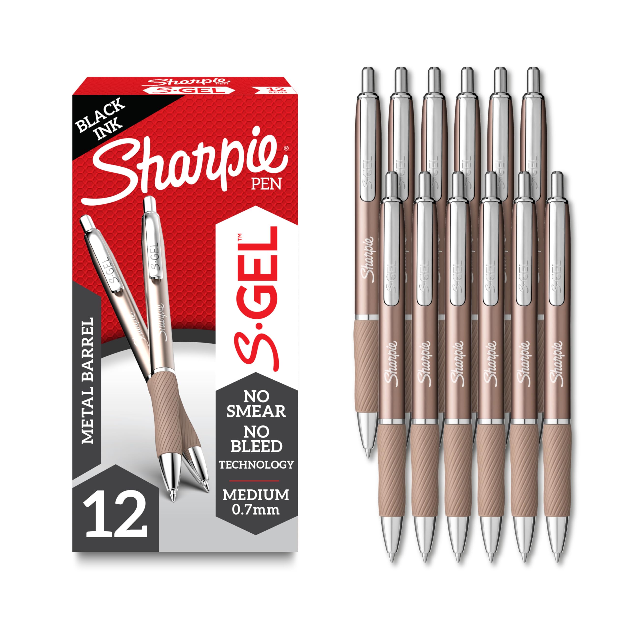 Sharpie S-Gel 0.7mm Medium Point Gel Pens - 12 Pack Black Ink Pens for Writing, Journaling, Drawing & Note Taking - Smooth Gel Ink, Sleek Metal Barrel - Perfect for Office, School, Art & Bullet Journaling